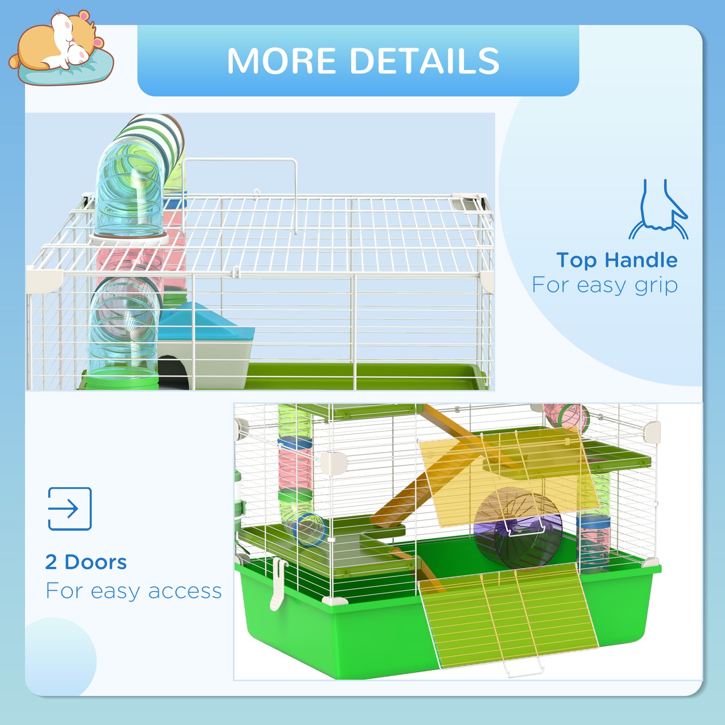 Multilevel hamster cage with clear tubes and green base