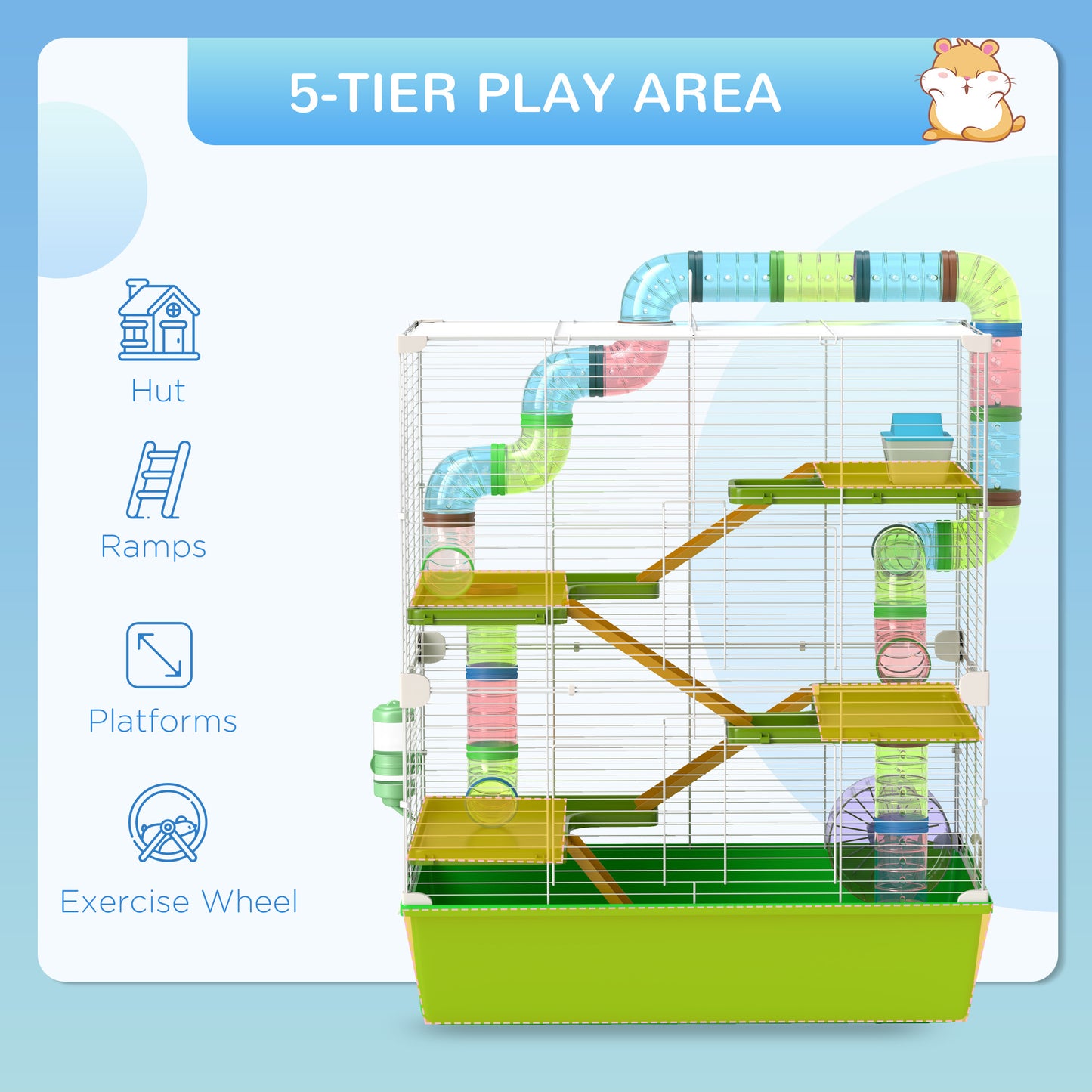 Multitier small animal cage with tunnels ramps and an exercise wheel for pets