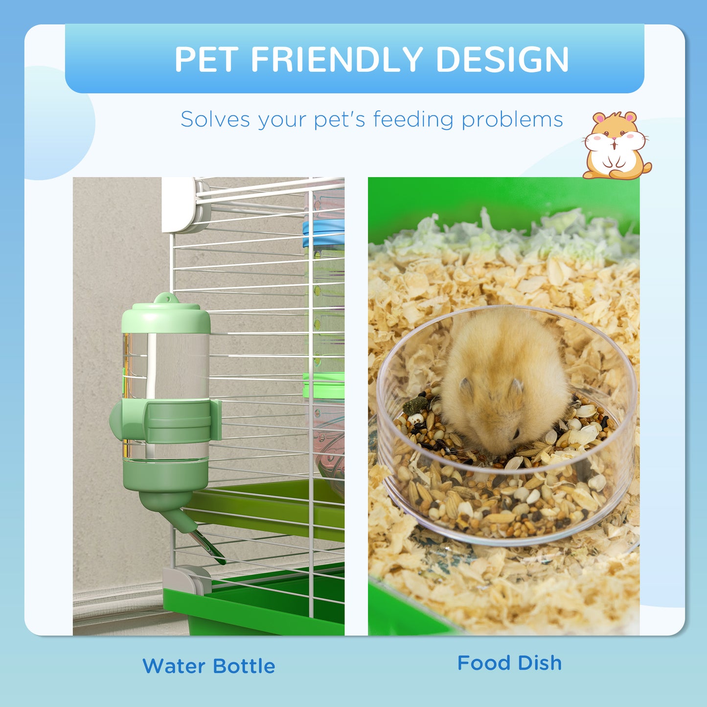 Green hamster water bottle with stainless steel spout attached to a white wire cage