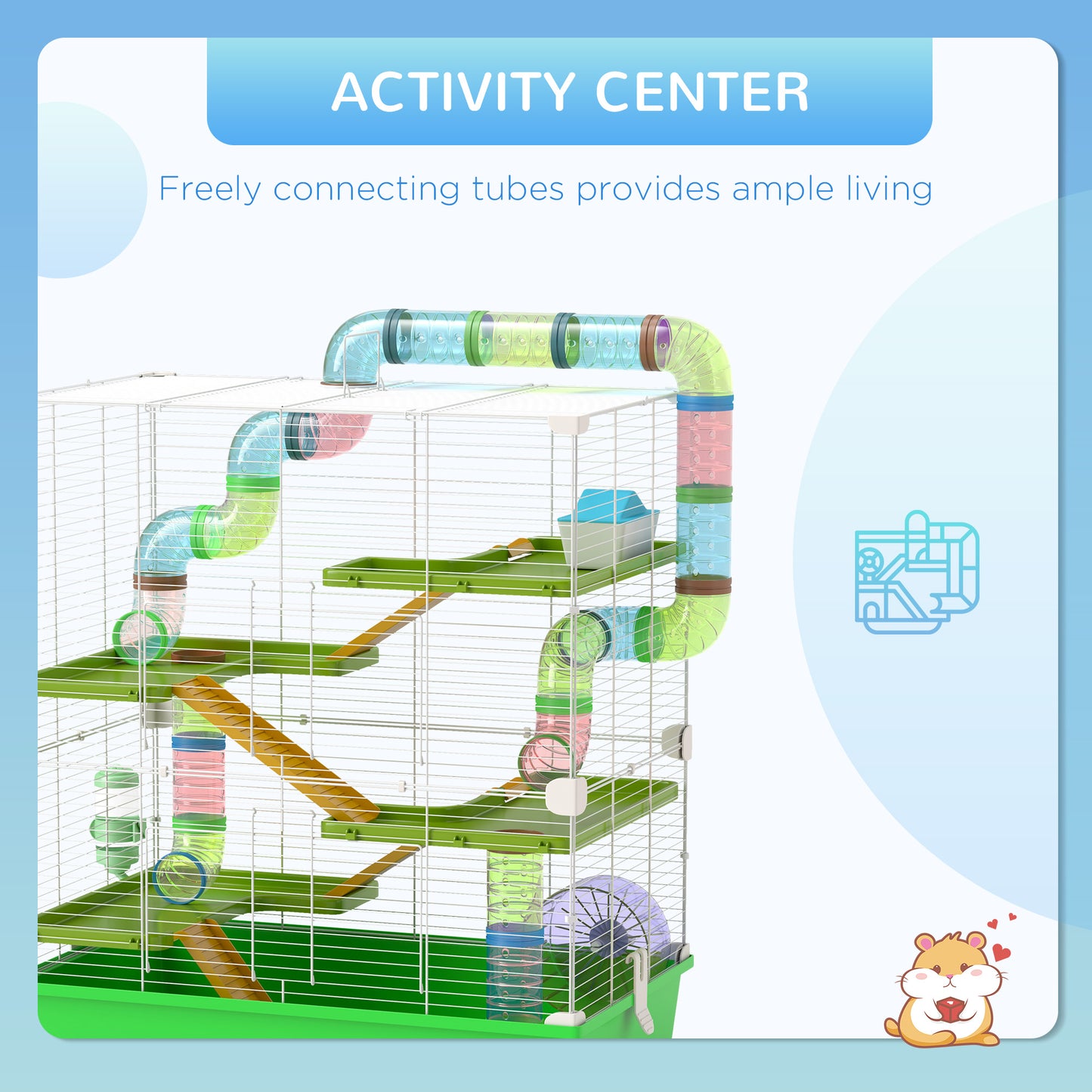 Multilevel pet cage with colorful connecting tubes for hamster activity
