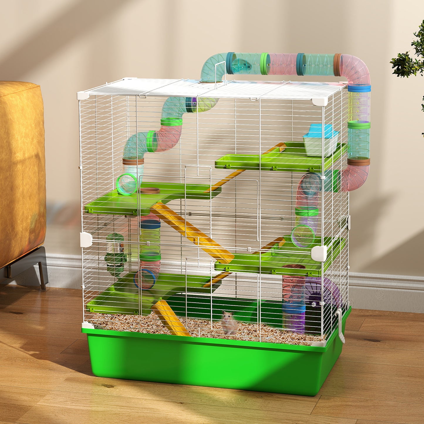 Multilevel wire hamster cage with green platforms and clear tubes for small pets