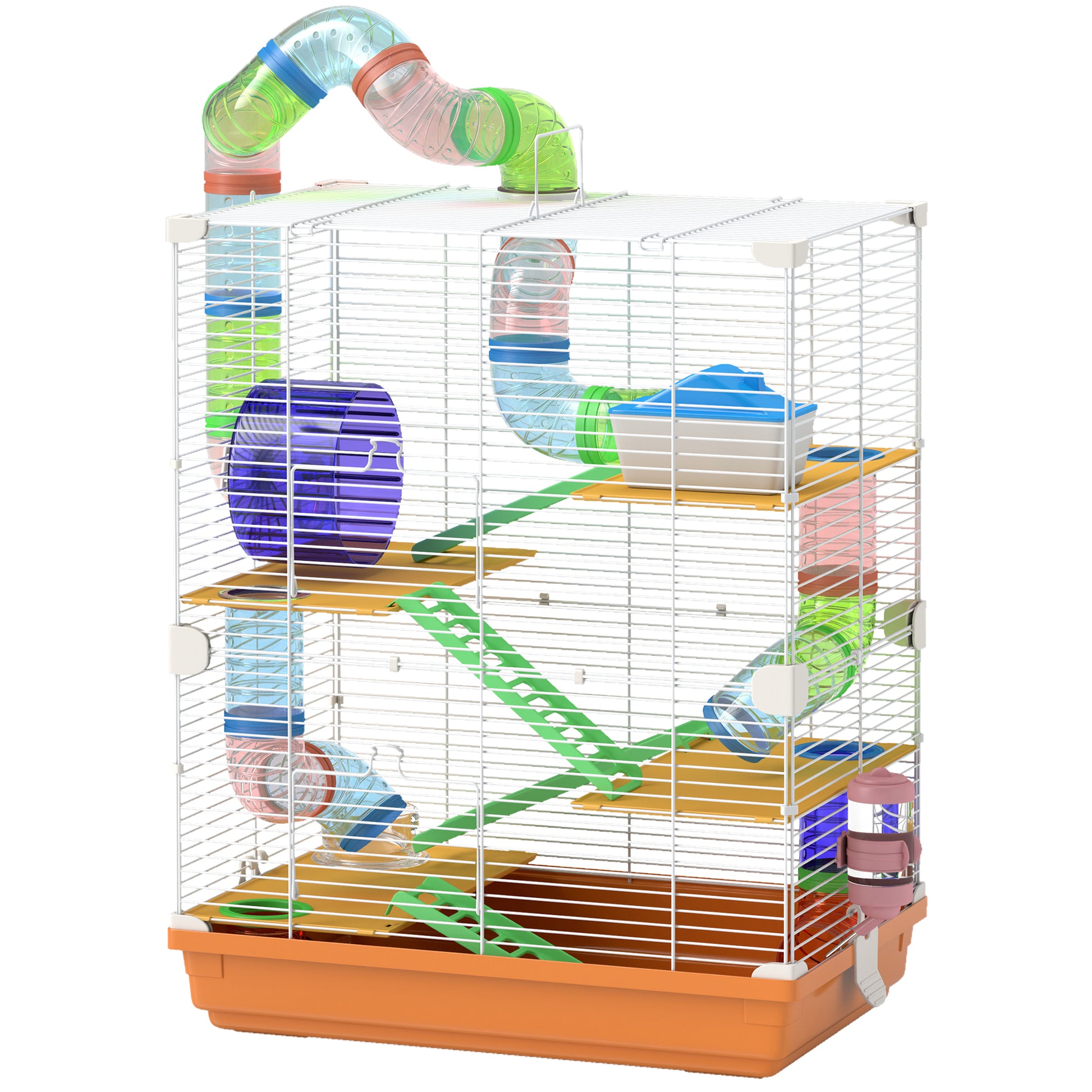 Multilevel hamster cage with tubes wheel and orange base