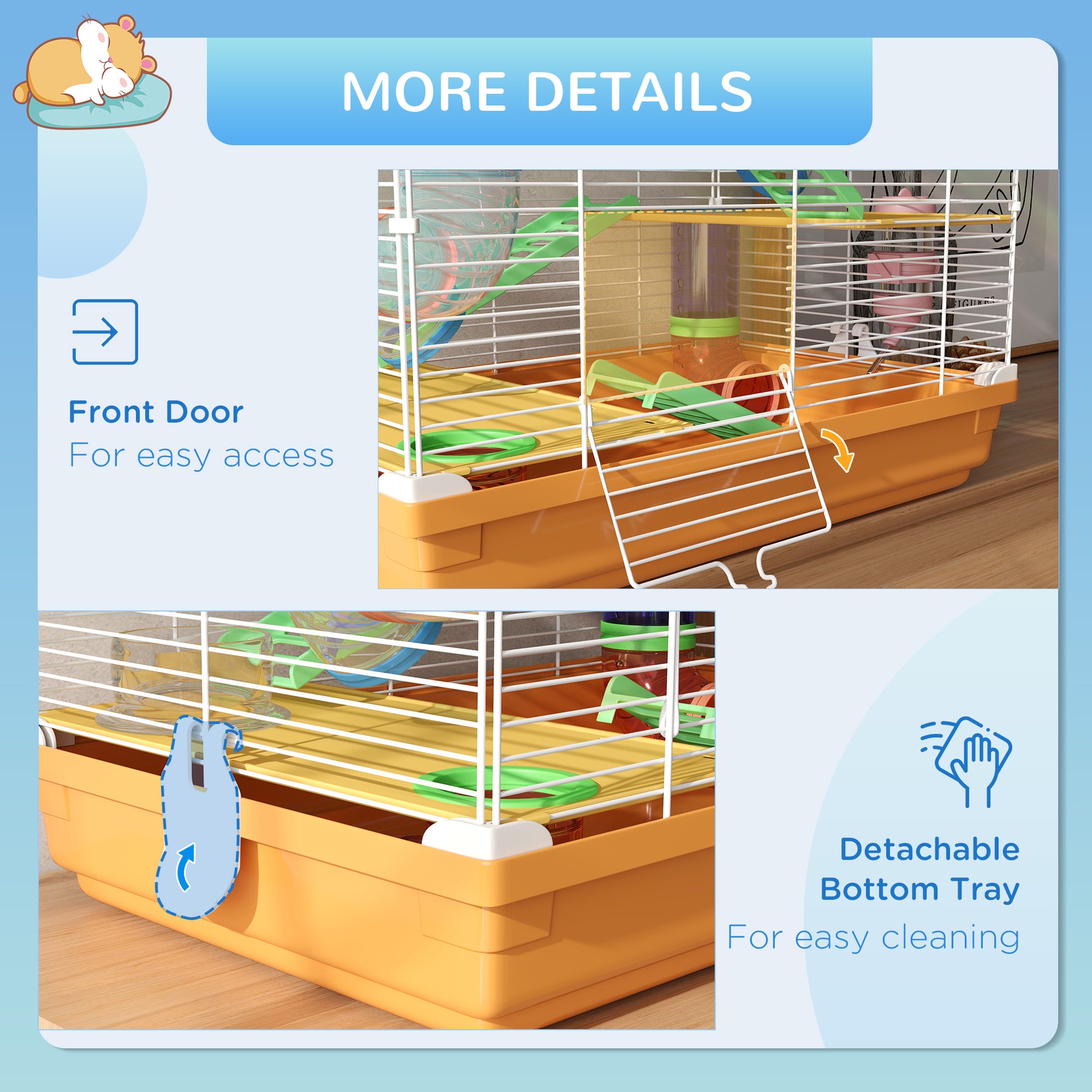 Orange hamster cage with white wire bars green ladder and bottle