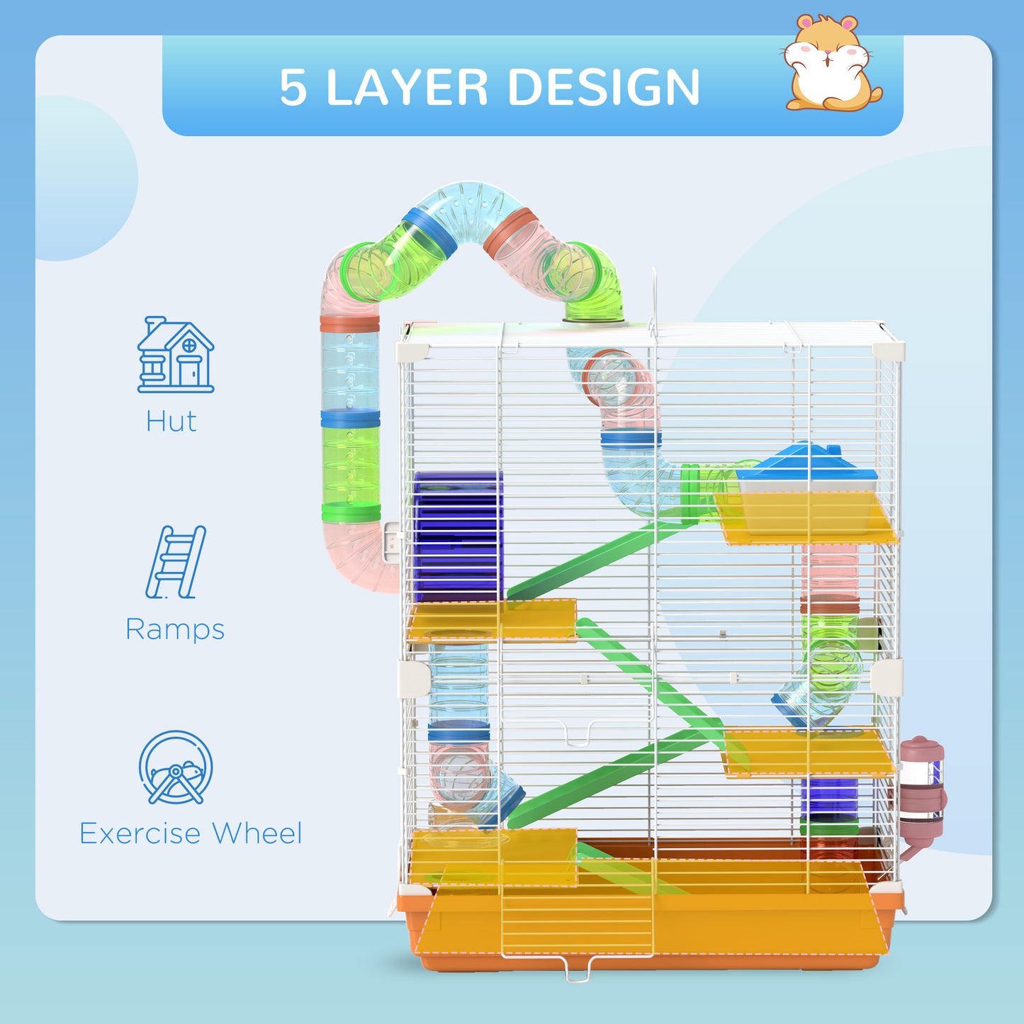 Multilevel hamster cage with tubes and ramps for active pets