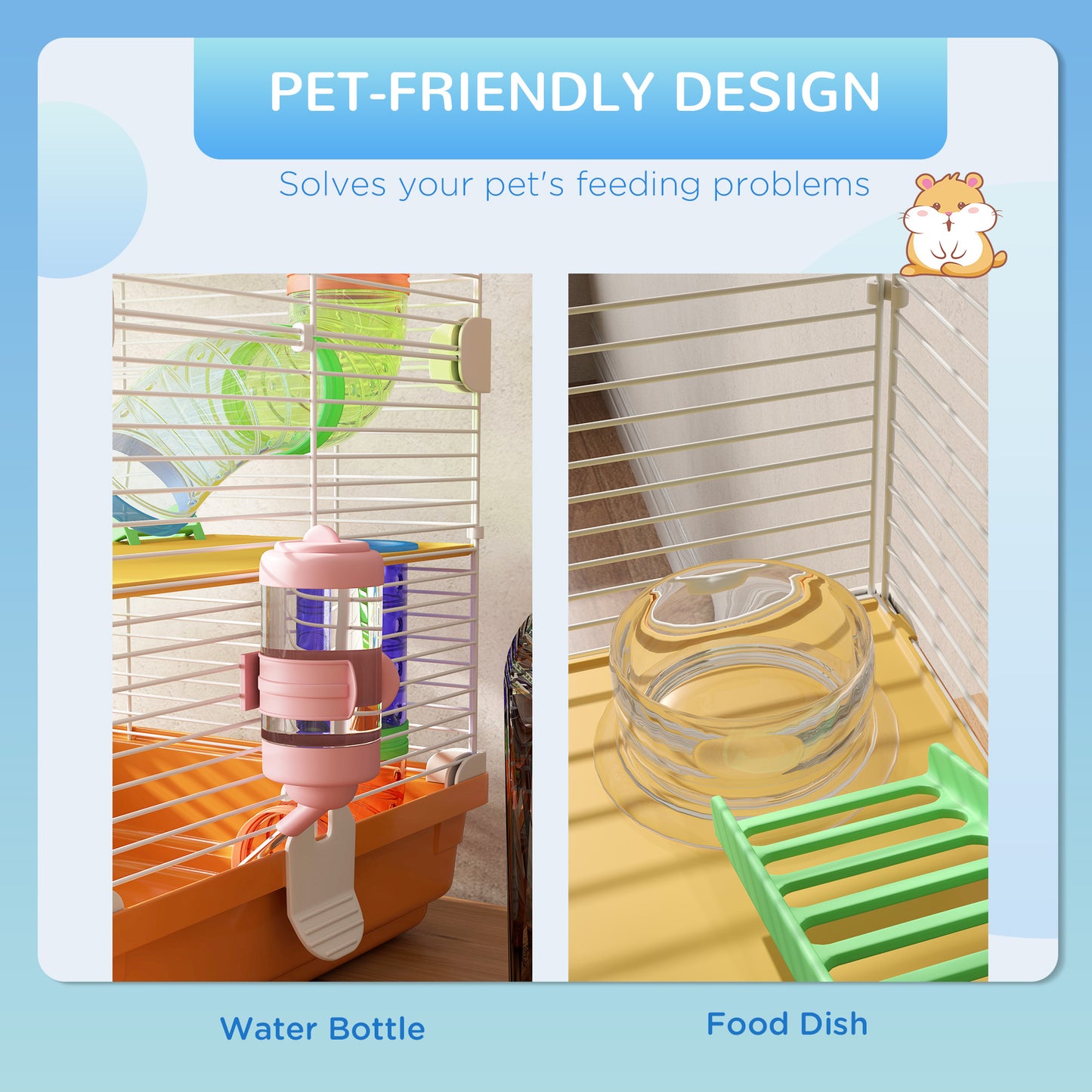 Pink and blue hamster water bottle attached to cage wire
