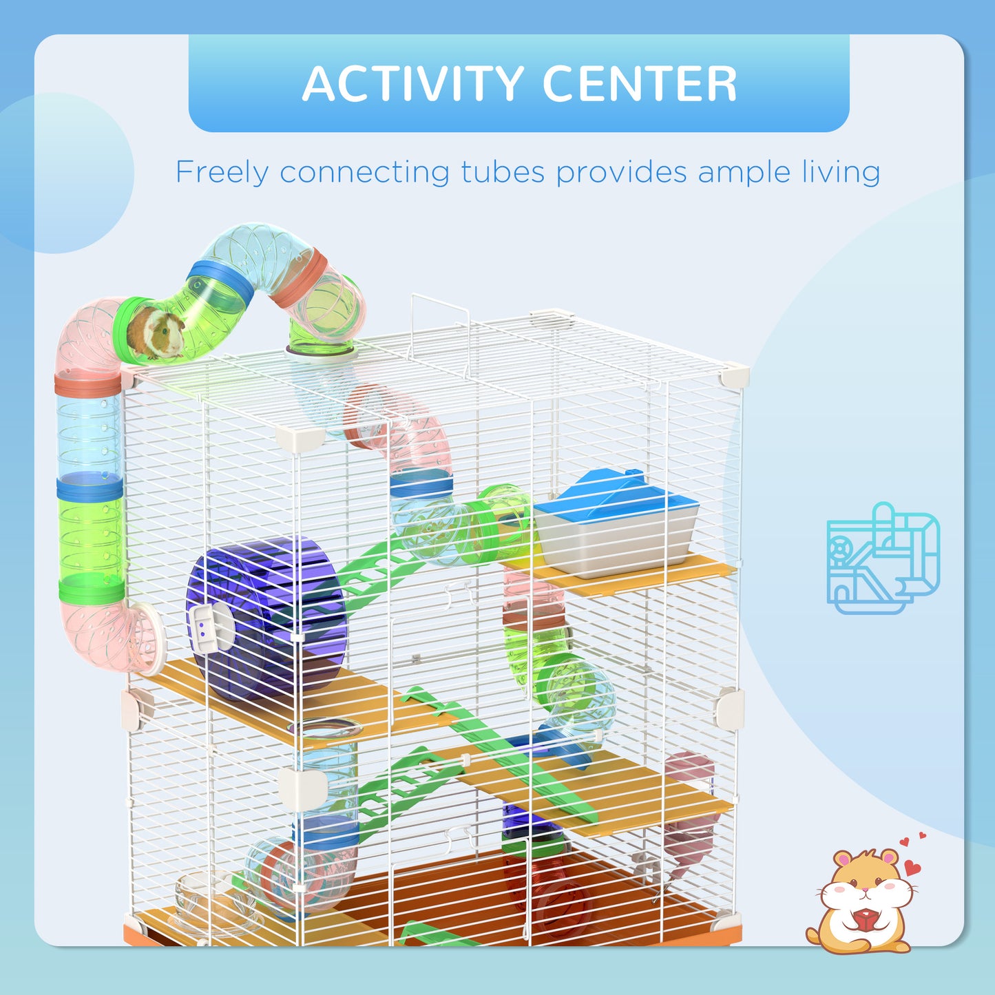 Multilevel hamster cage with colorful tubes and accessories for active pets