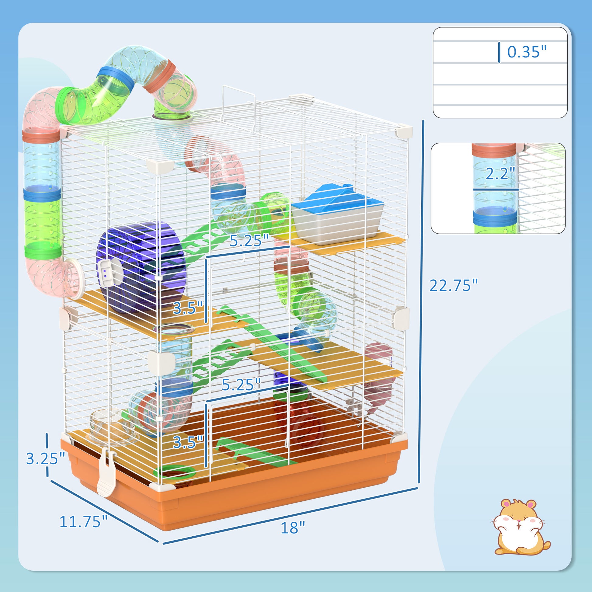 Multilevel hamster cage with tubes and wheel  L x  W x  H