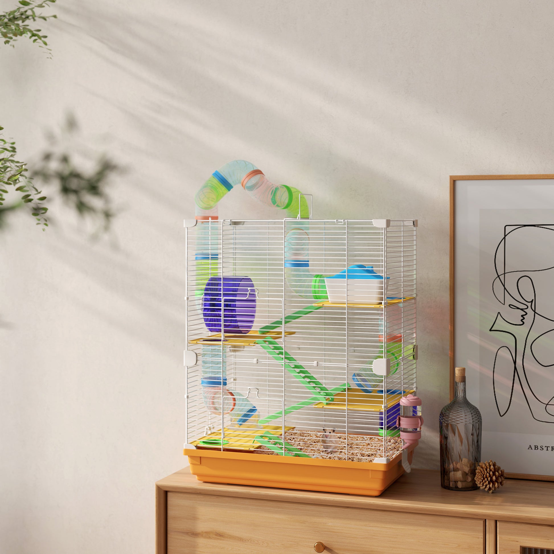 Multilevel hamster cage with colorful tubes and accessories for active pets