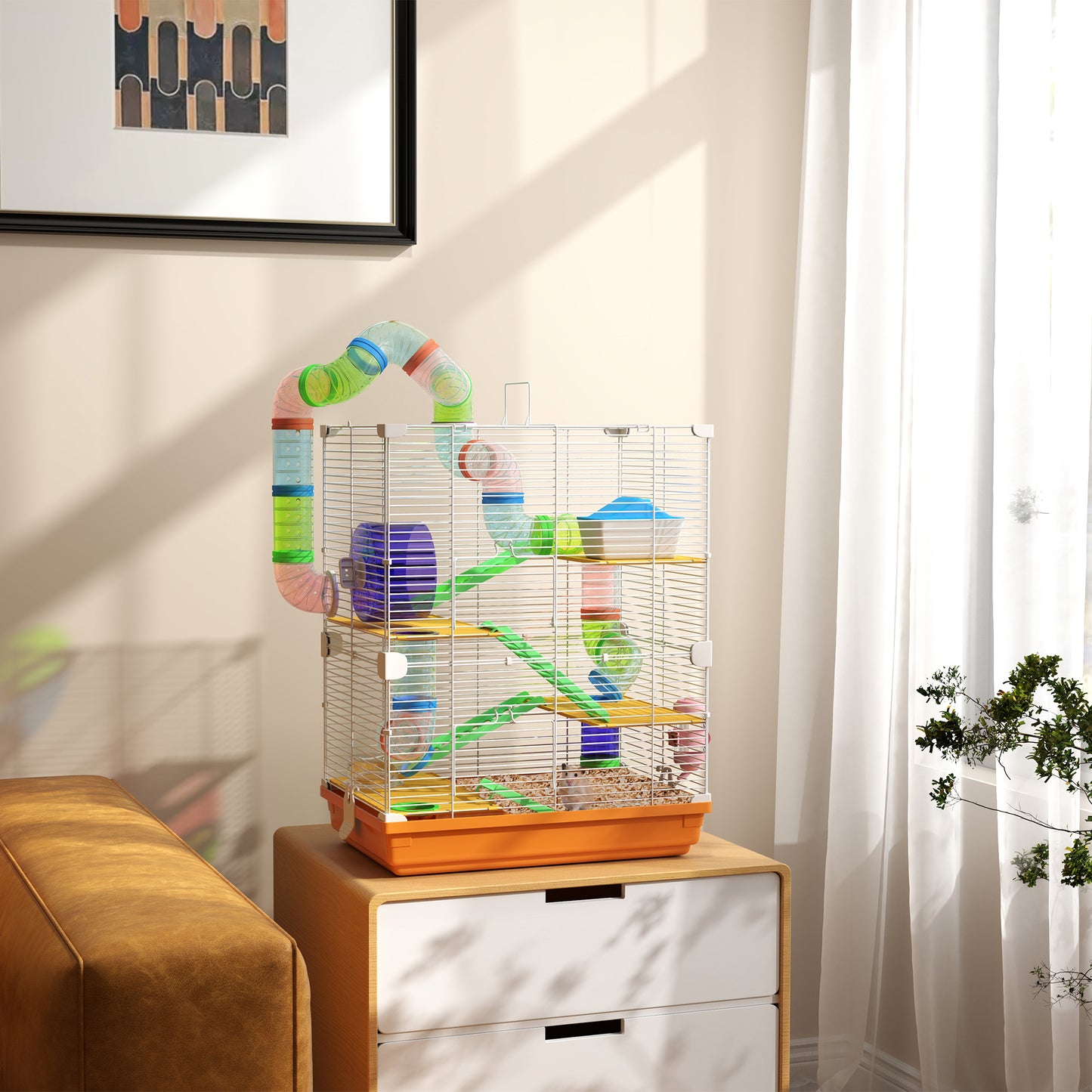 Multilevel hamster cage with colorful tubes wheels and ramps on an orange base