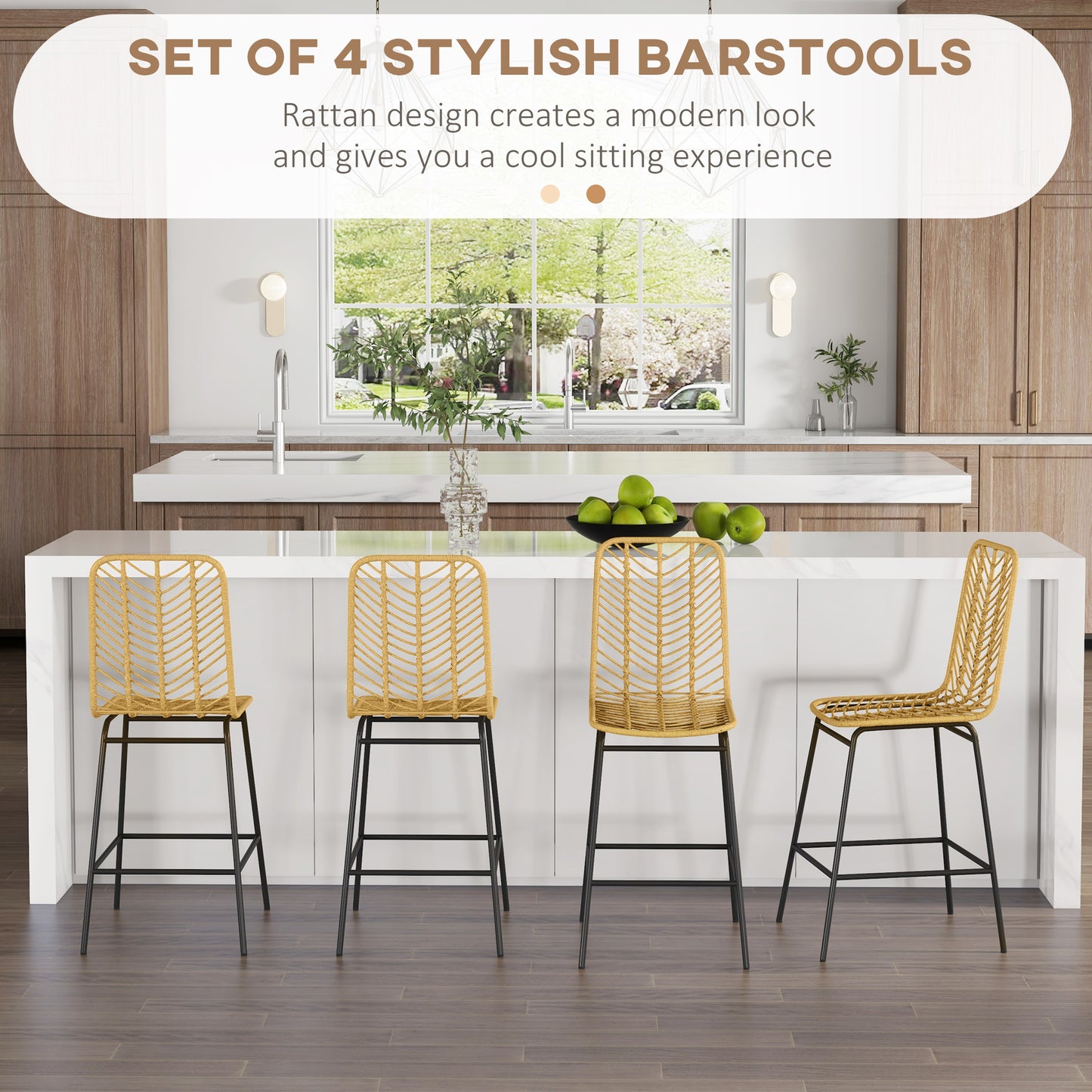 Set of  yellow rattan barstools with black metal legs in a modern kitchen