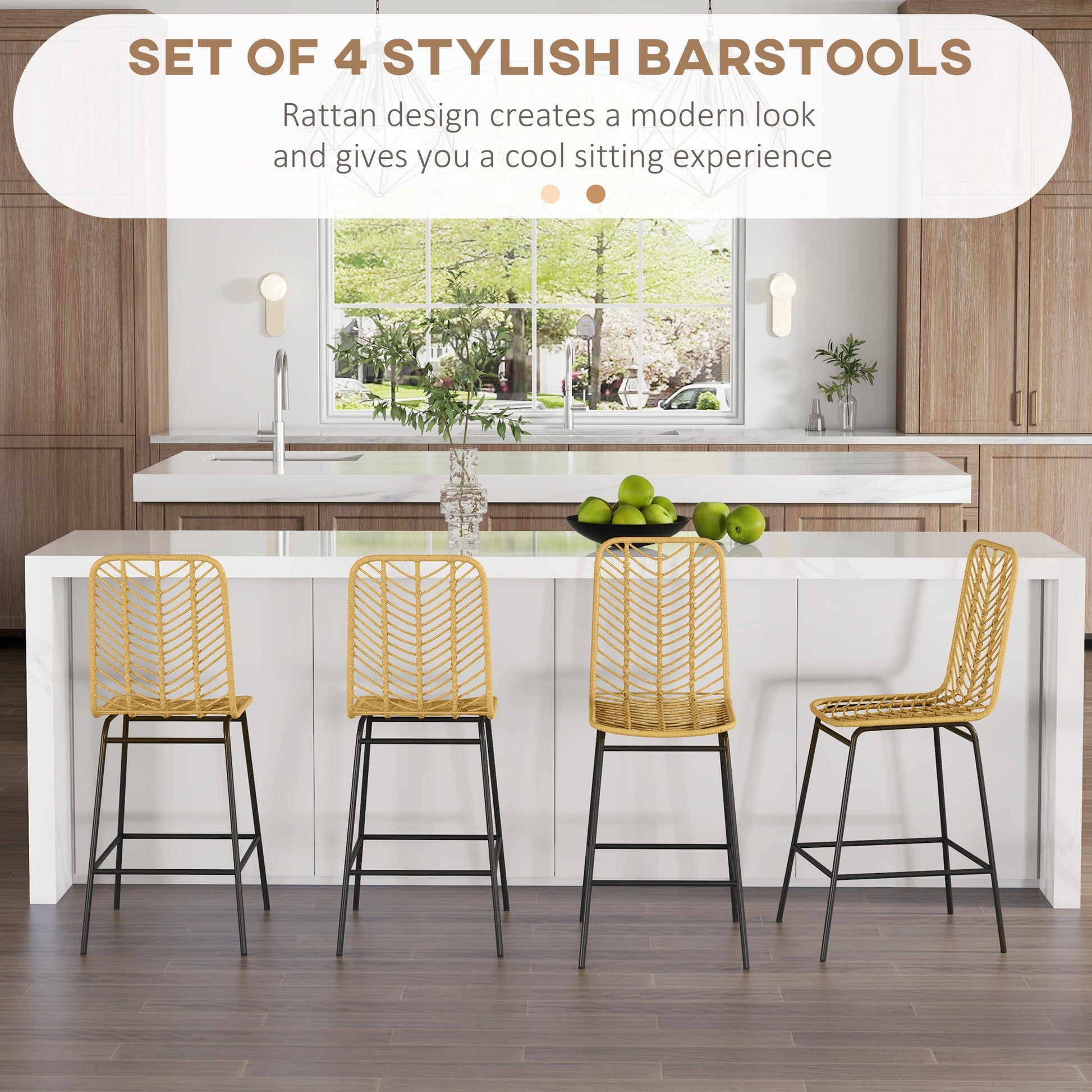 Set of  yellow rattan barstools with black metal legs in a modern kitchen