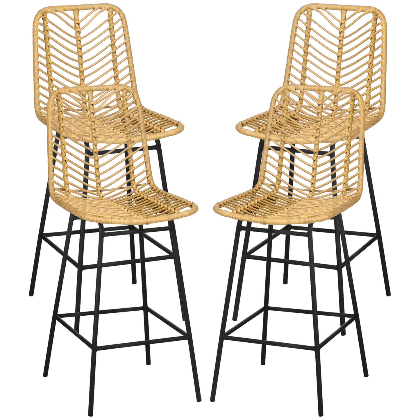 Set of four natural rattan bar stools with black metal legs ideal for kitchen islands
