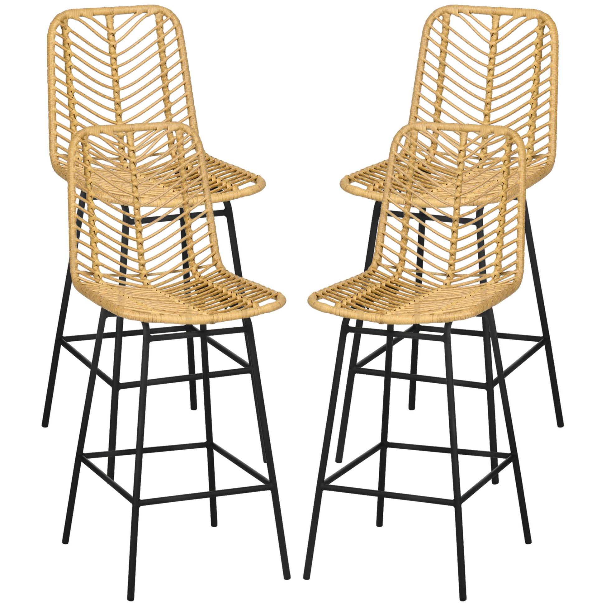 Set of four natural rattan bar stools with black metal legs ideal for kitchen islands