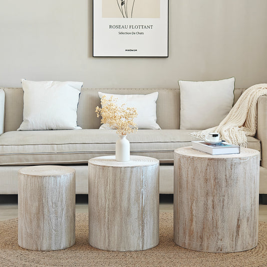 Natural wood log side table with distressed finish accenting living room decor