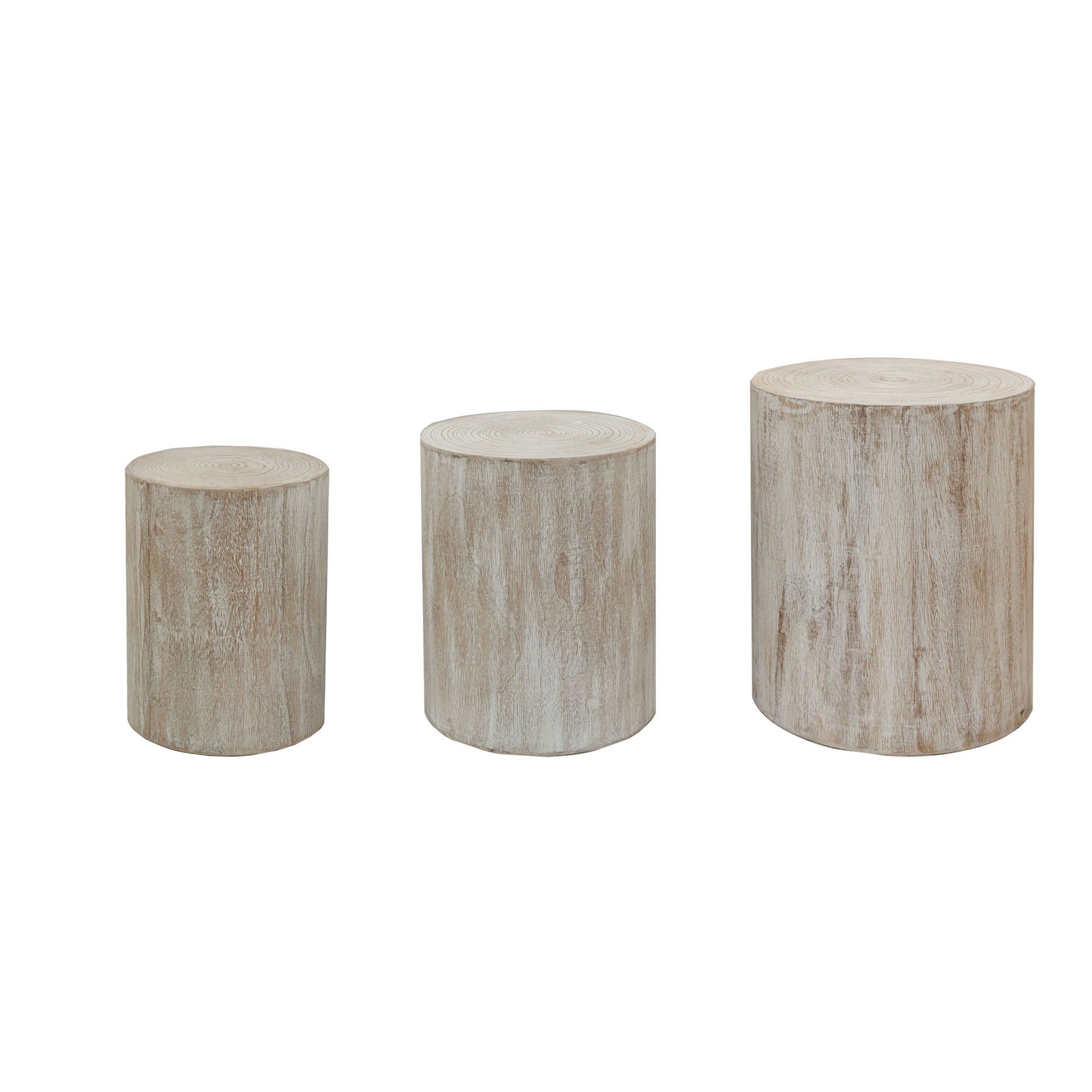 Set of three distressed white wooden log end tables in varying heights