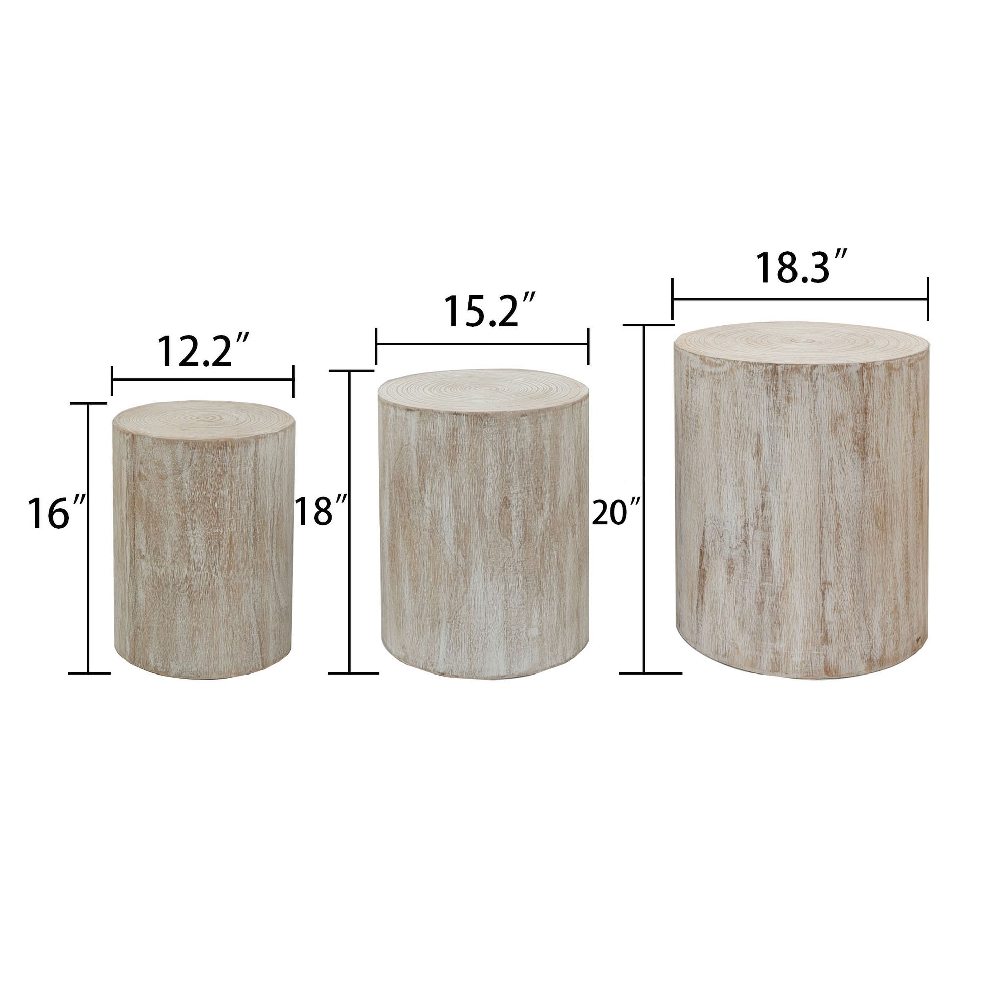 Set of  distressed wood log accent tables with natural wood grain texture