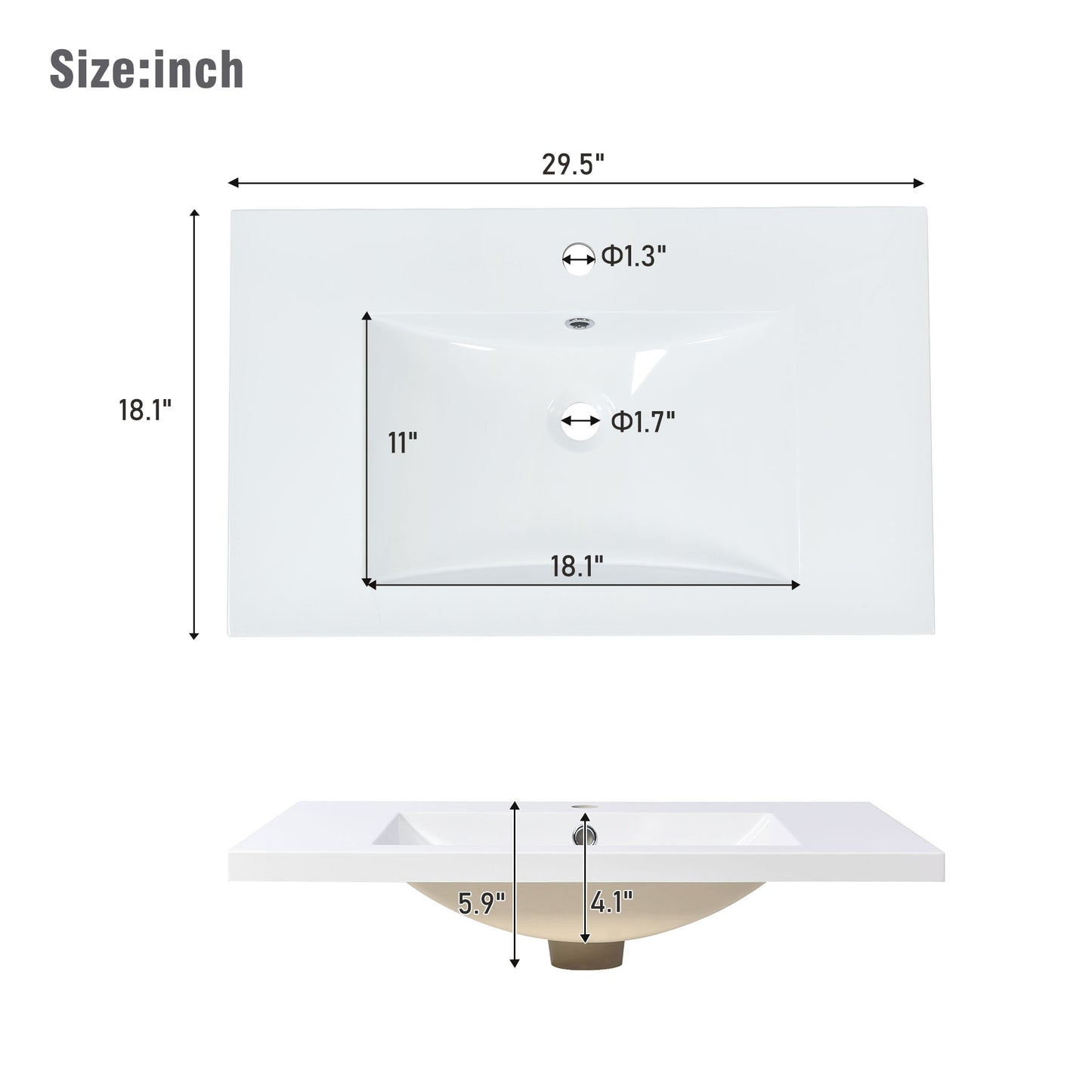 White ceramic rectangular undermount bathroom sink with precise dimensions shown