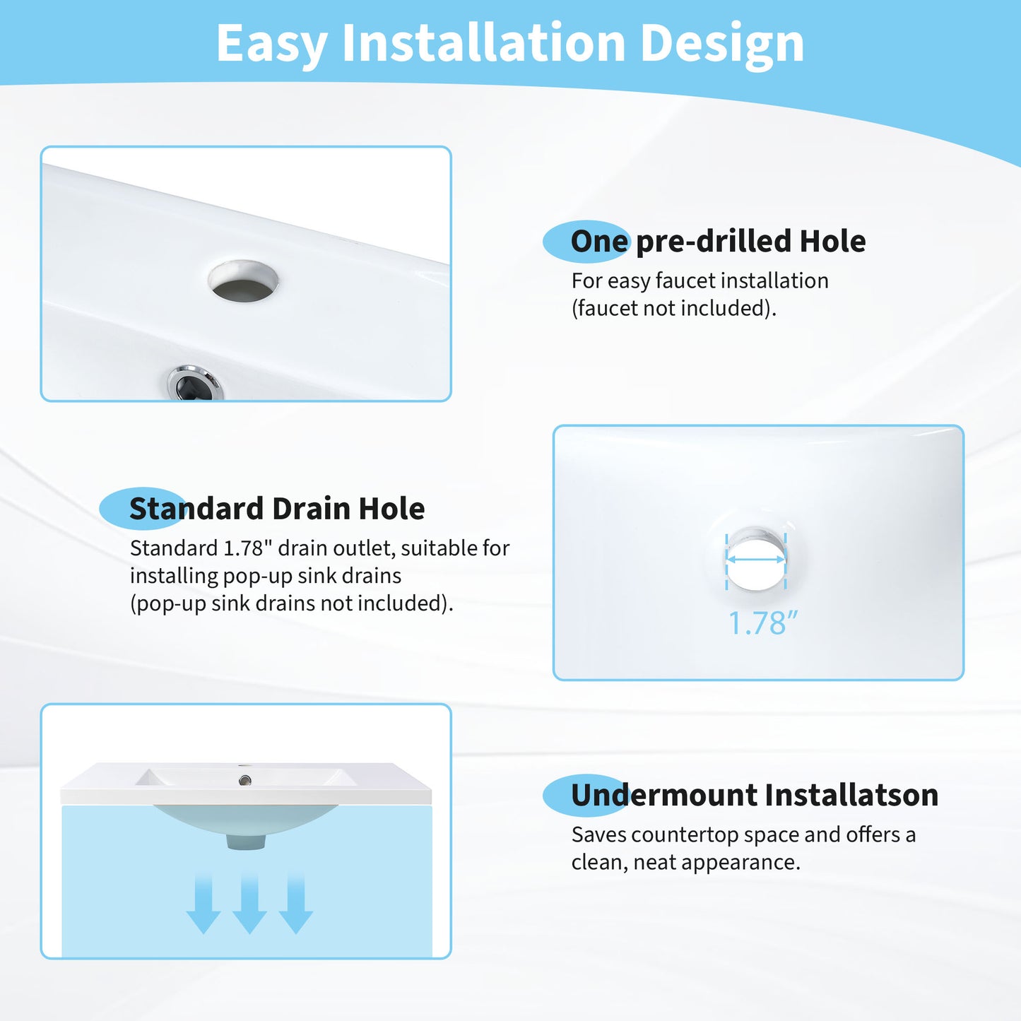 White ceramic sink with one predrilled hole for easy faucet installation