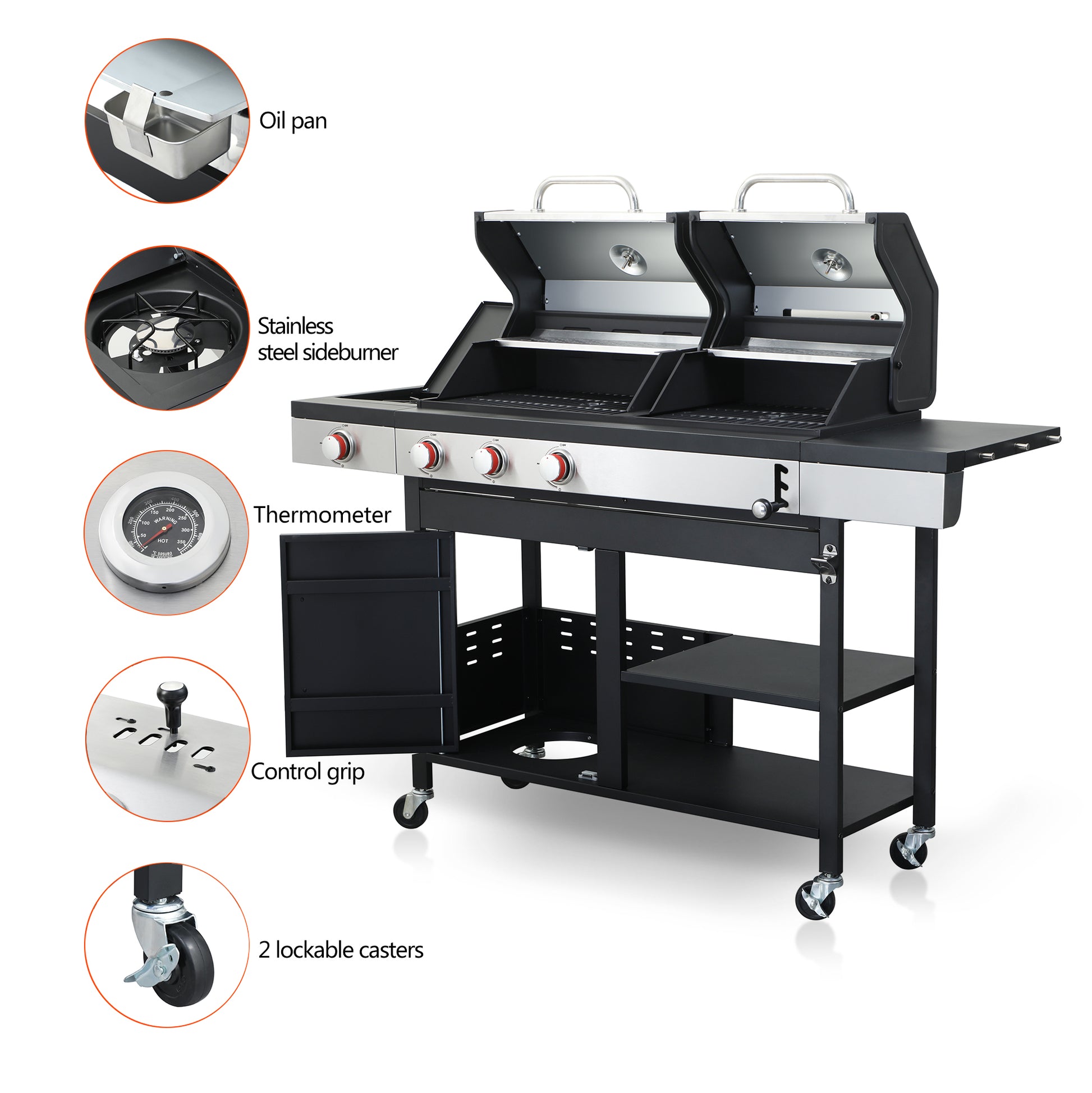 Black propane grill with double lid side burner and thermometer for outdoor cooking