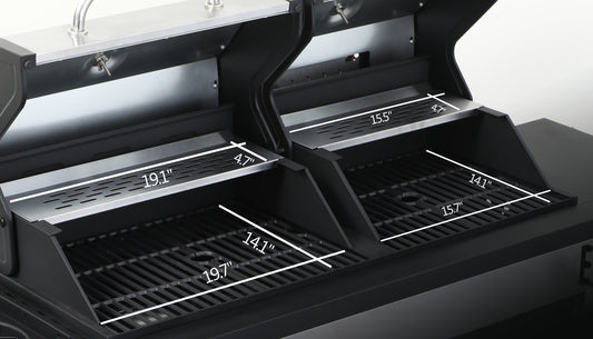 Dualzone gas grill with black finish and stainless steel grates showing  x  main cooking area