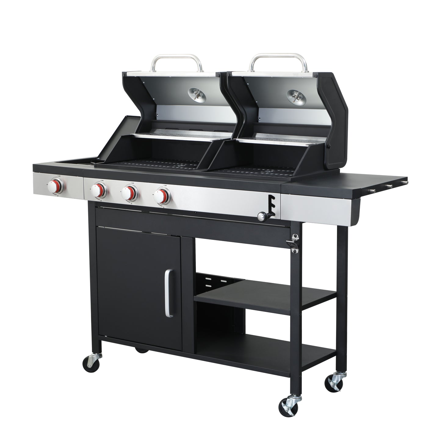 Black stainless steel grill with dual cooking zones and four burners perfect for outdoor cooking