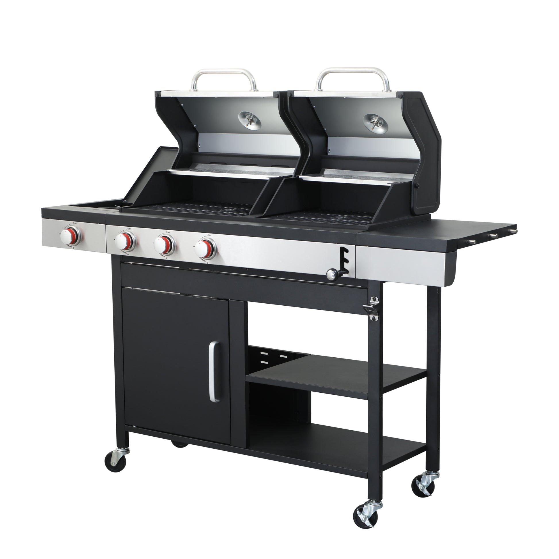 Black stainless steel grill with dual cooking zones and four burners perfect for outdoor cooking