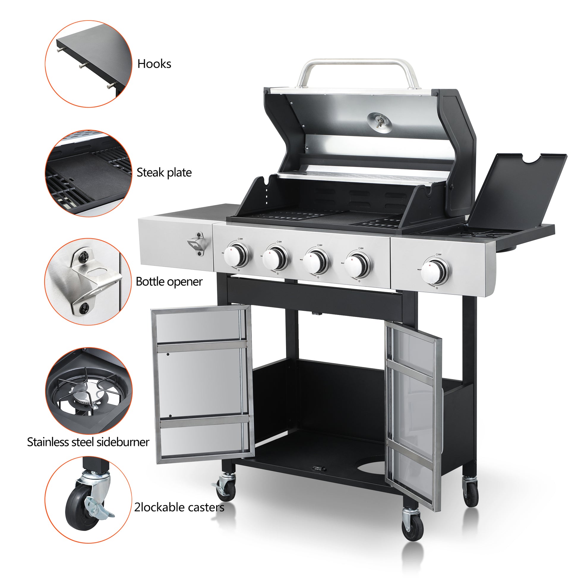 Gas grill with integrated bottle opener side burner and five burners for outdoor cooking