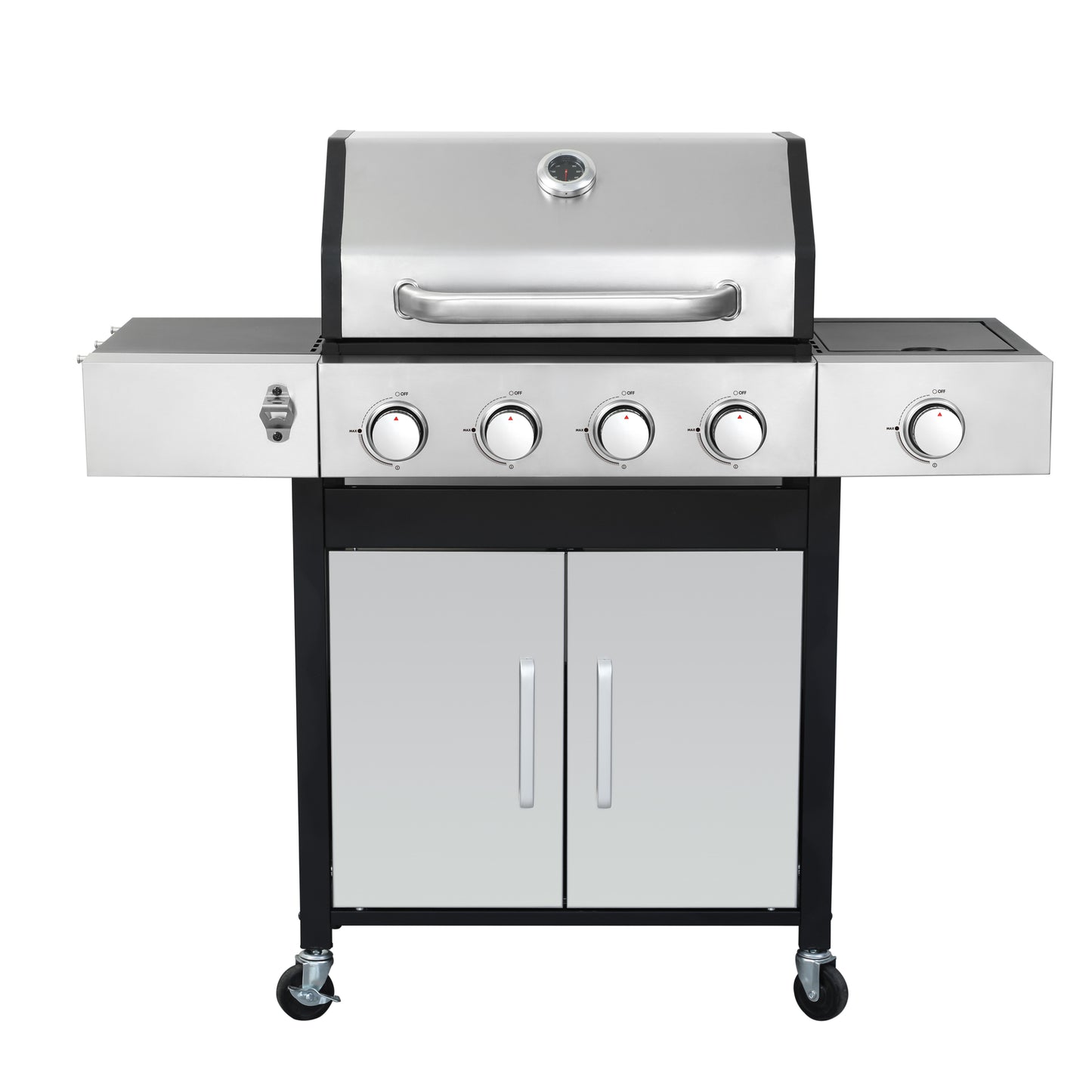 Fourburner stainless steel gas grill with side burner and cabinet