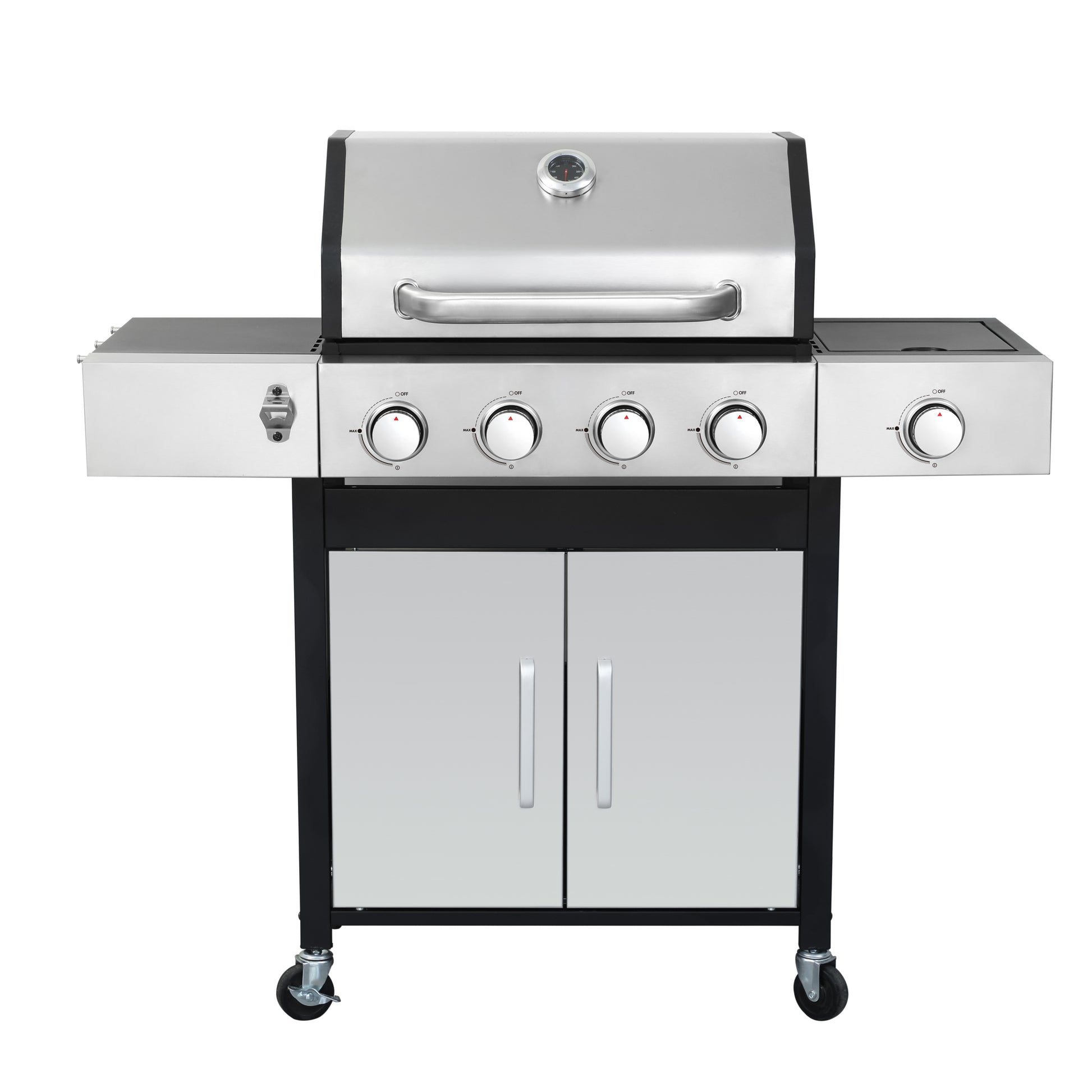 Fourburner stainless steel gas grill with side burner and cabinet