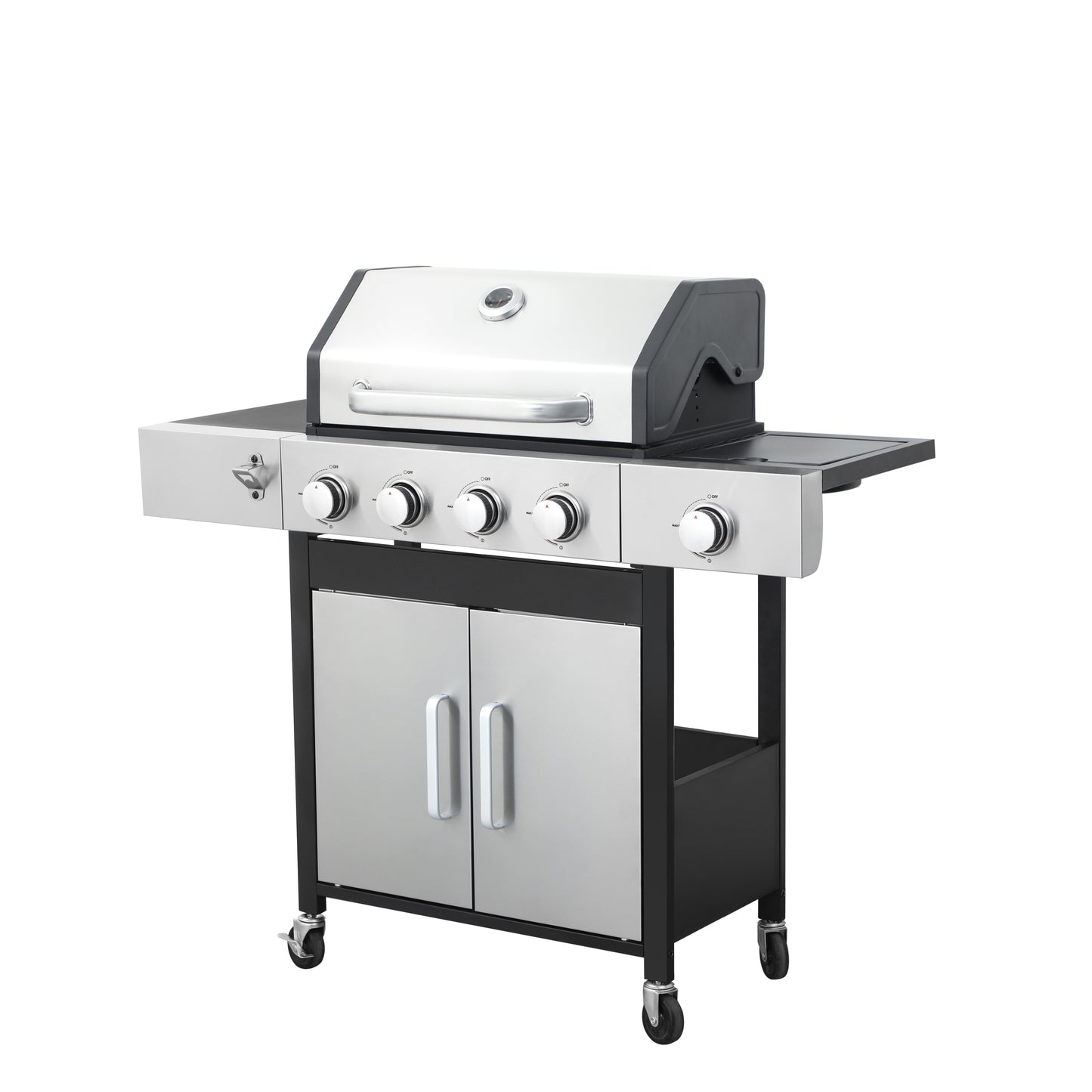 Fourburner stainless steel gas grill with side burner and storage cabinet for outdoor cooking