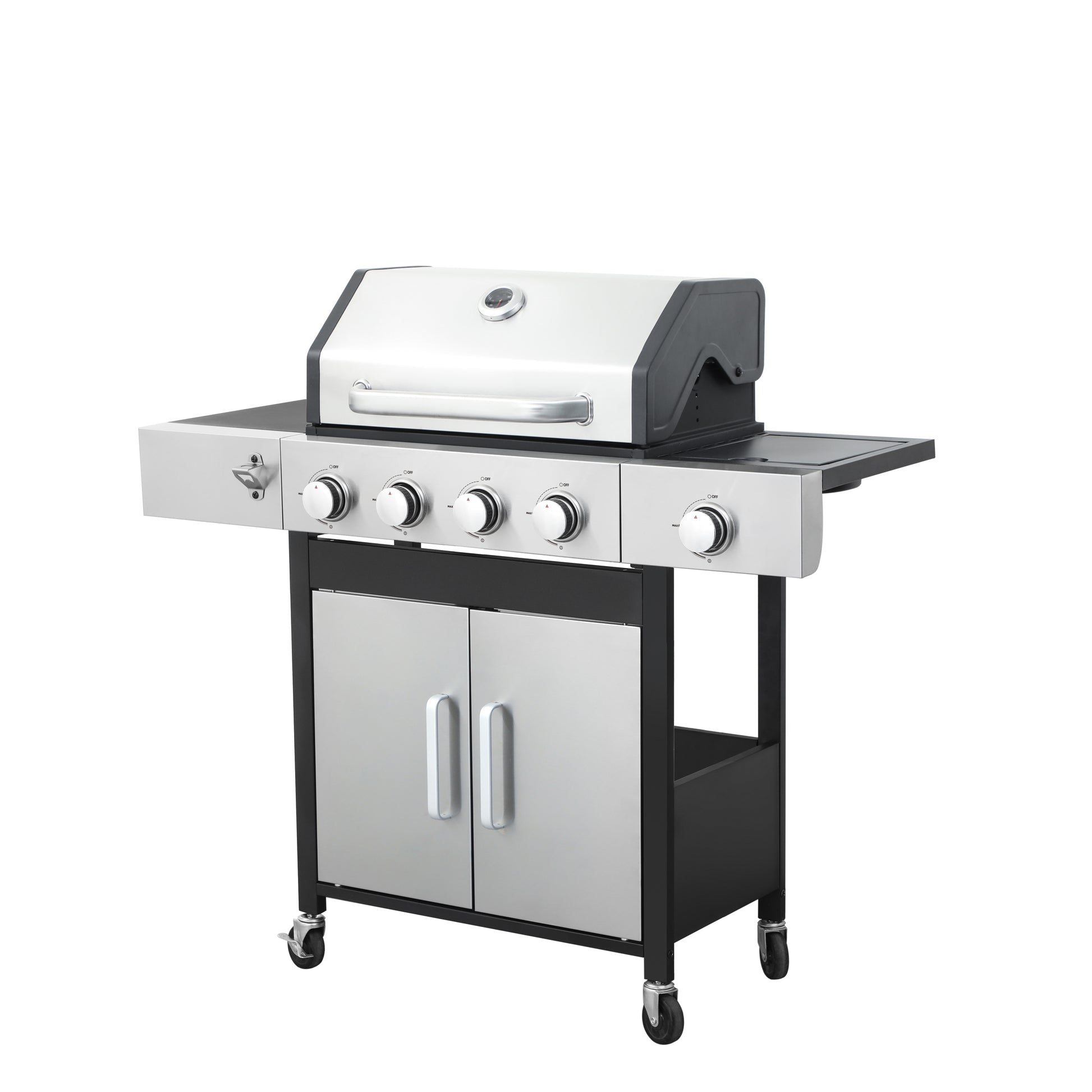 Fourburner stainless steel gas grill with side burner and storage cabinet for outdoor cooking