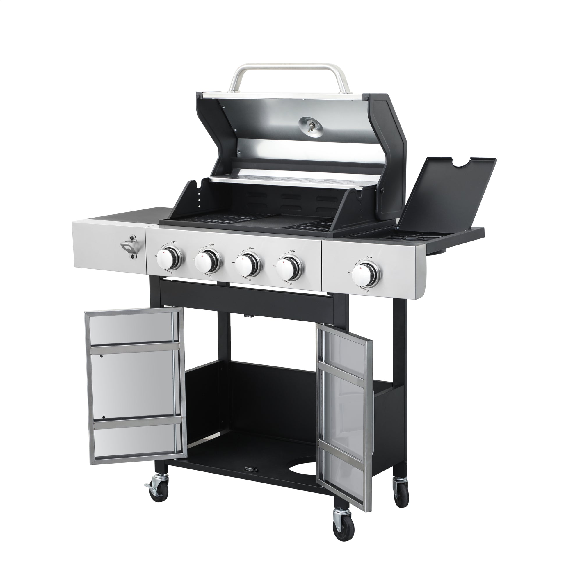 Stainless steel fourburner gas grill with silver and black accents and open cabinet doors