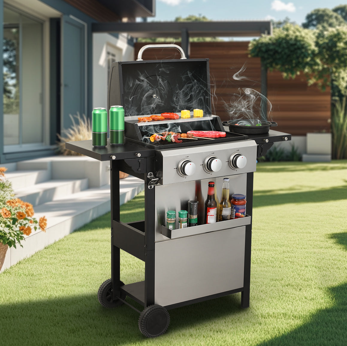 Black stainless steel gas grill with three burners cooking various meats and vegetables