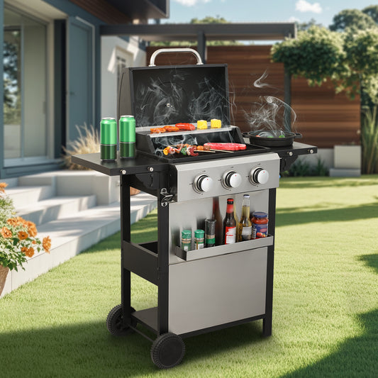 Black stainless steel gas grill with three burners cooking various meats and vegetables