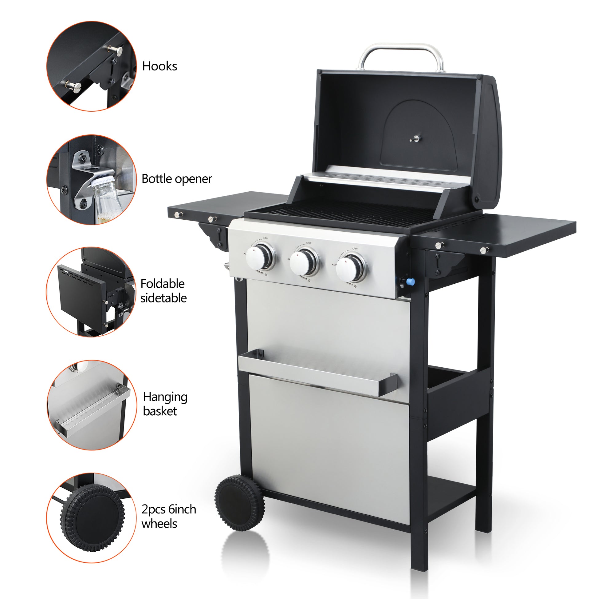 Stainless steel gas grill with three burners and foldable side table for outdoor cooking