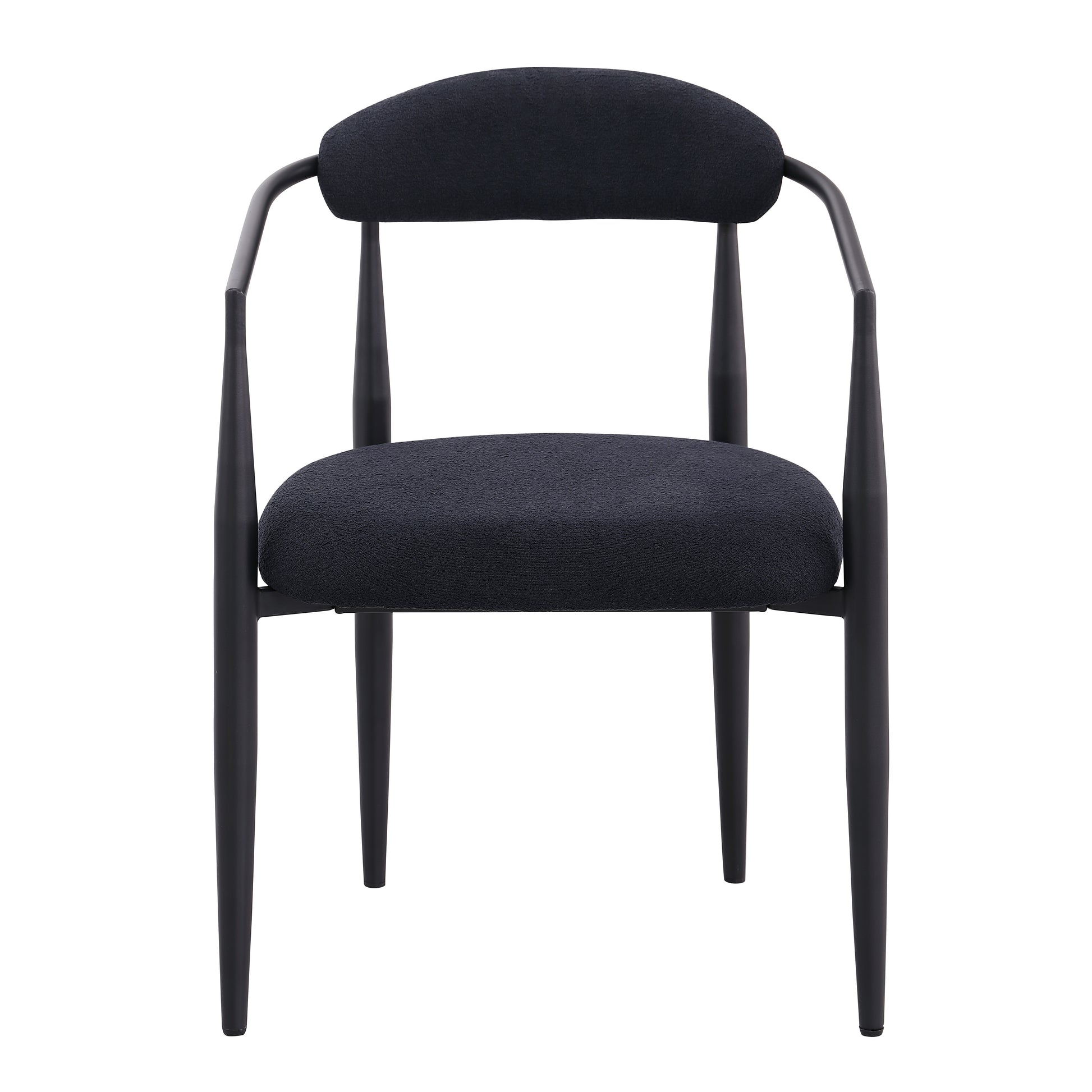 Black upholstered armchair with a curved back and dark metal frame modern accent chair