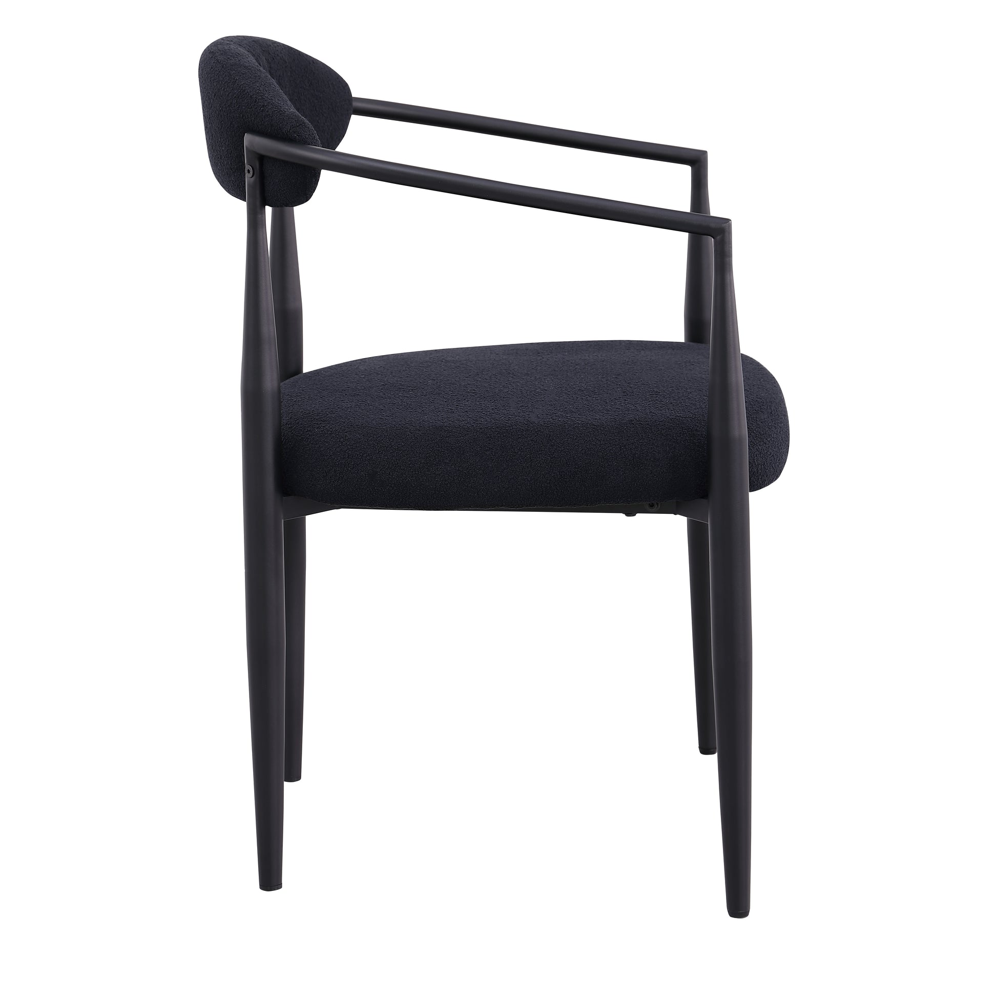 Black boucle upholstered armchair with sleek black metal frame and arms