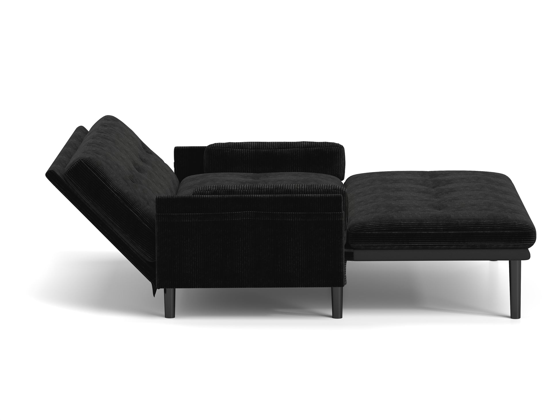 Black corduroy sofa bed with extended chaise lounge for versatile living spaces