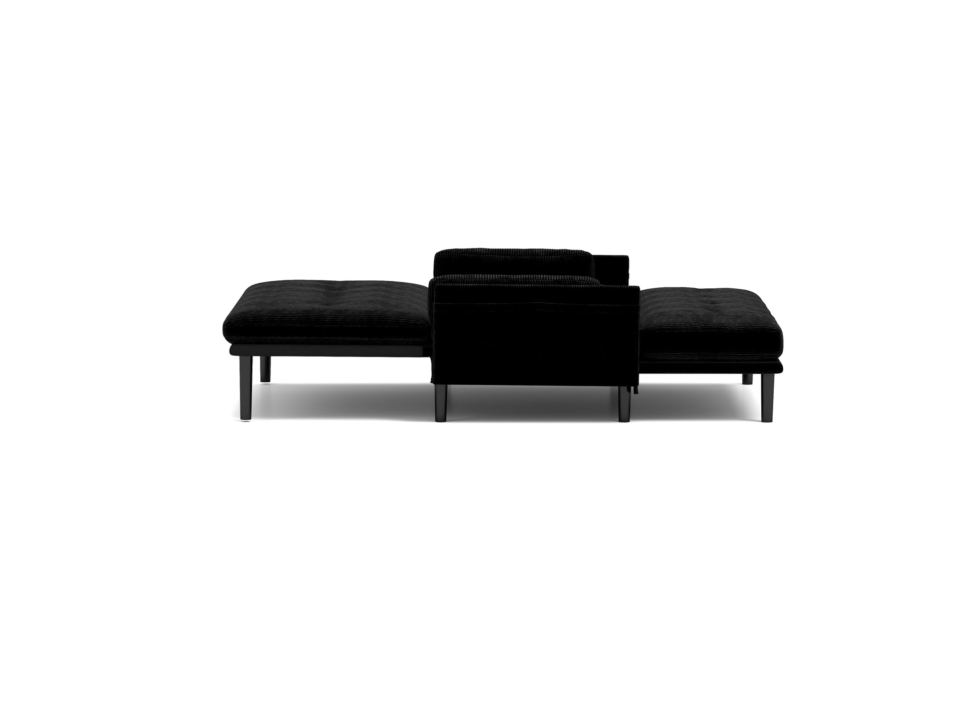 Tufted black velvet sofa with chaise lounges and dark wood legs