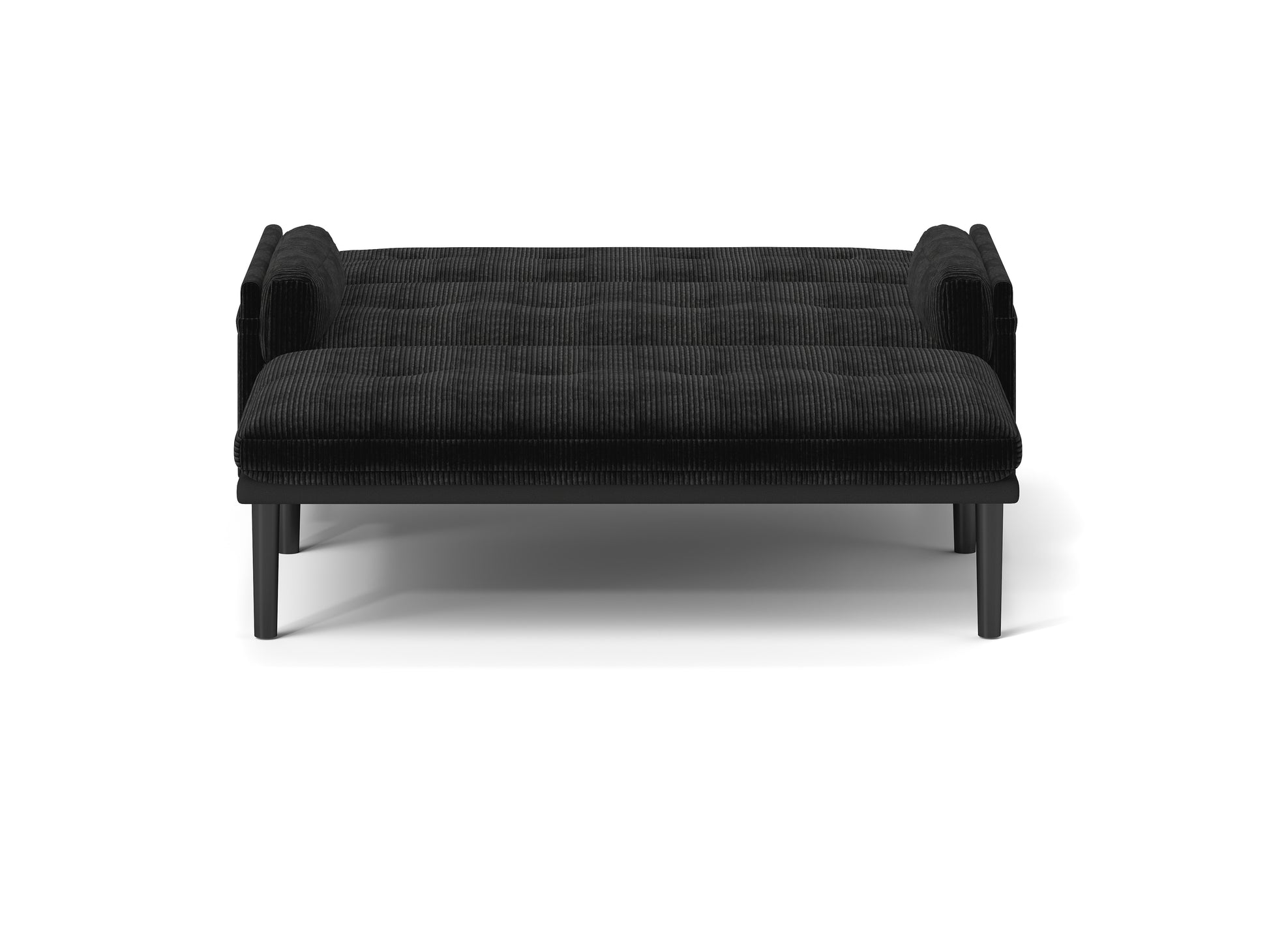 Black corduroy sofa bed with tufted seat and modern black legs