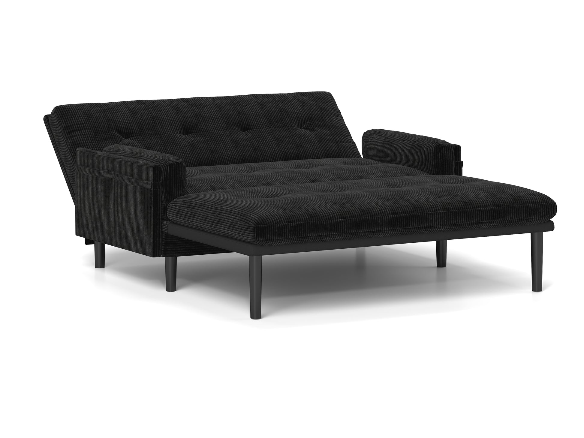 Black corduroy sofa bed with tufted seating and a chaise extension