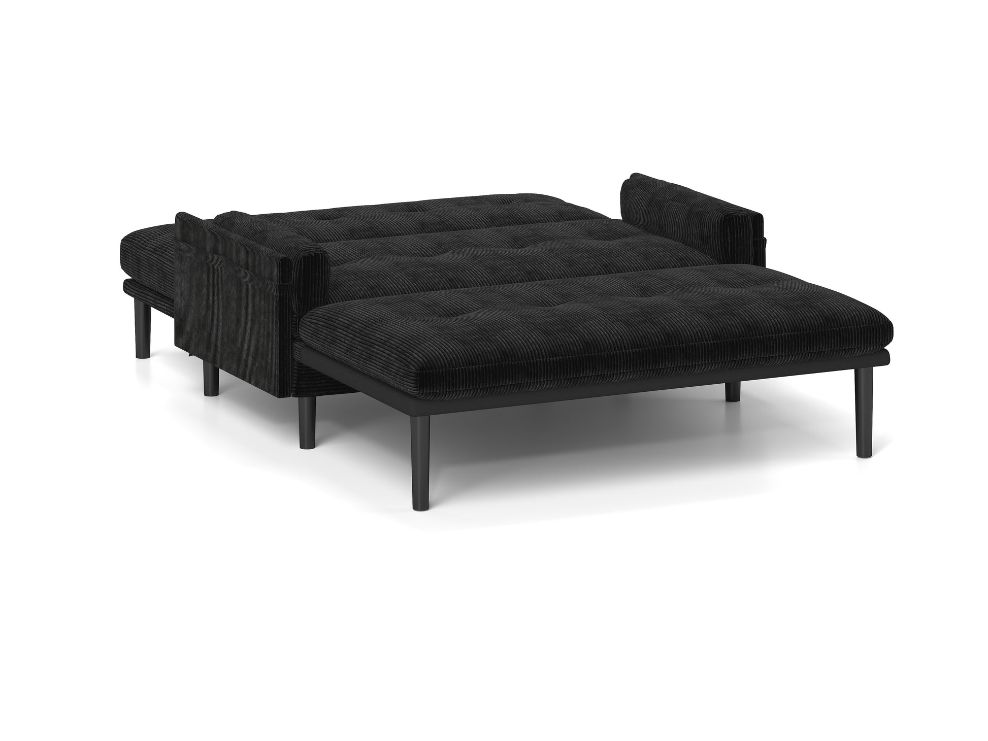 Black corduroy convertible sofa bed with tufted cushions and metal legs