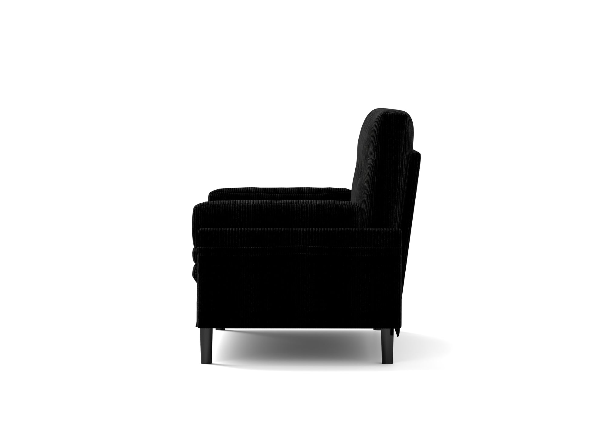 Black corduroy armchair with plush cushions and dark wood legs perfect for modern living rooms