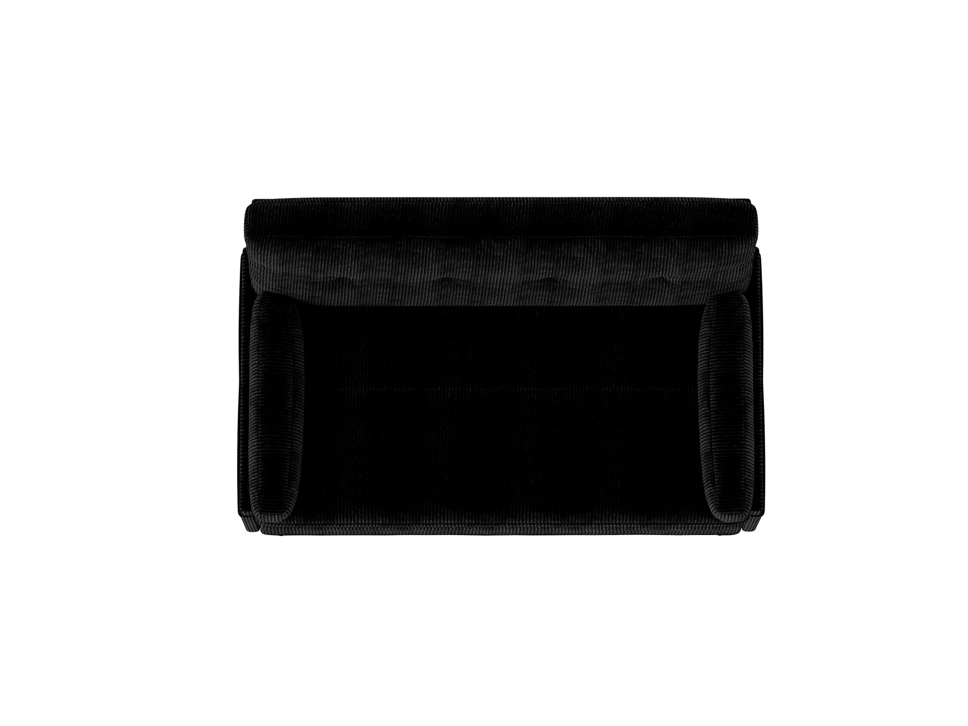 Top view of a black corduroy armchair with deep button tufting and plush arms