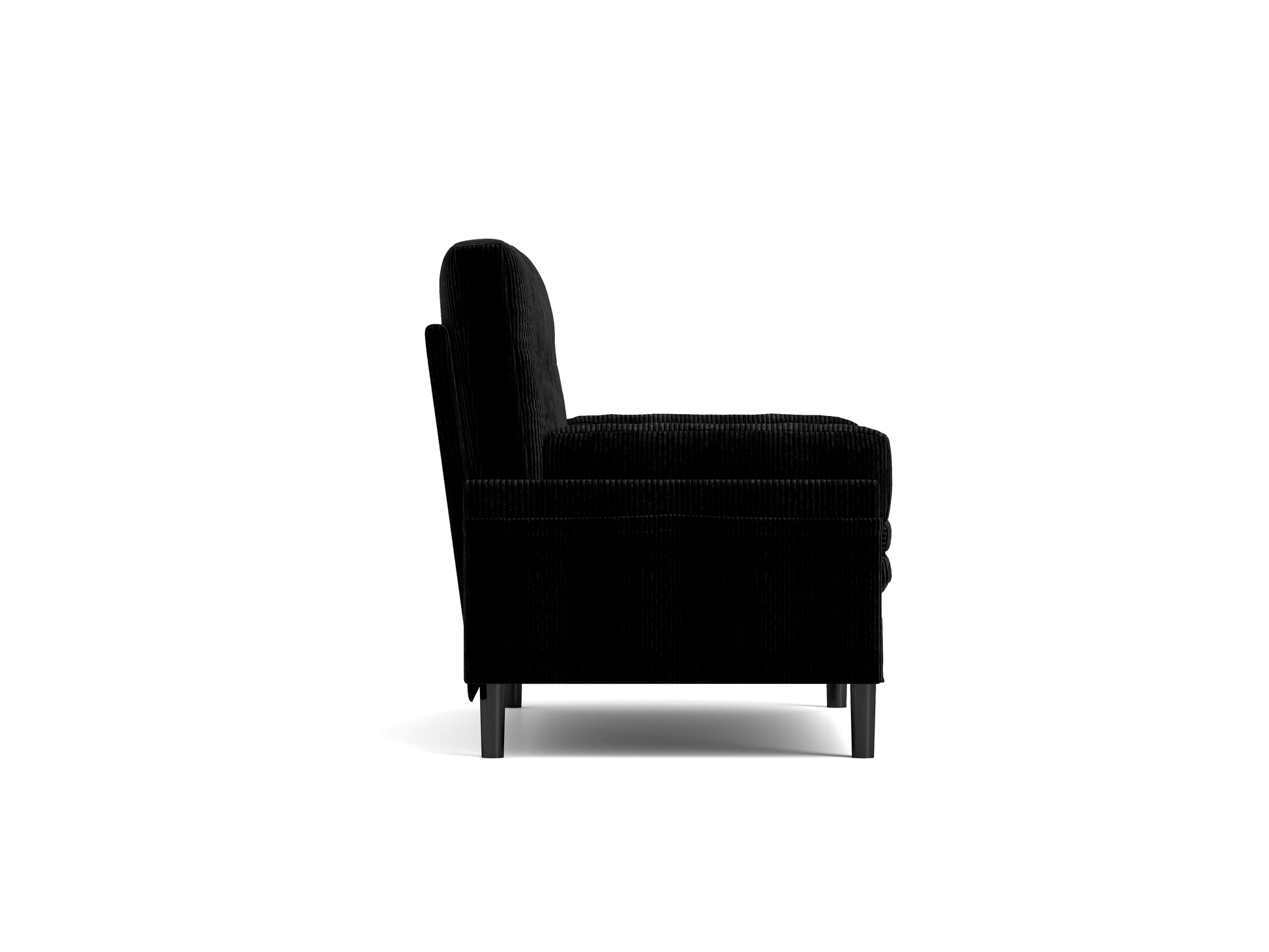 Black corduroy accent chair with plush cushioning and dark wooden legs