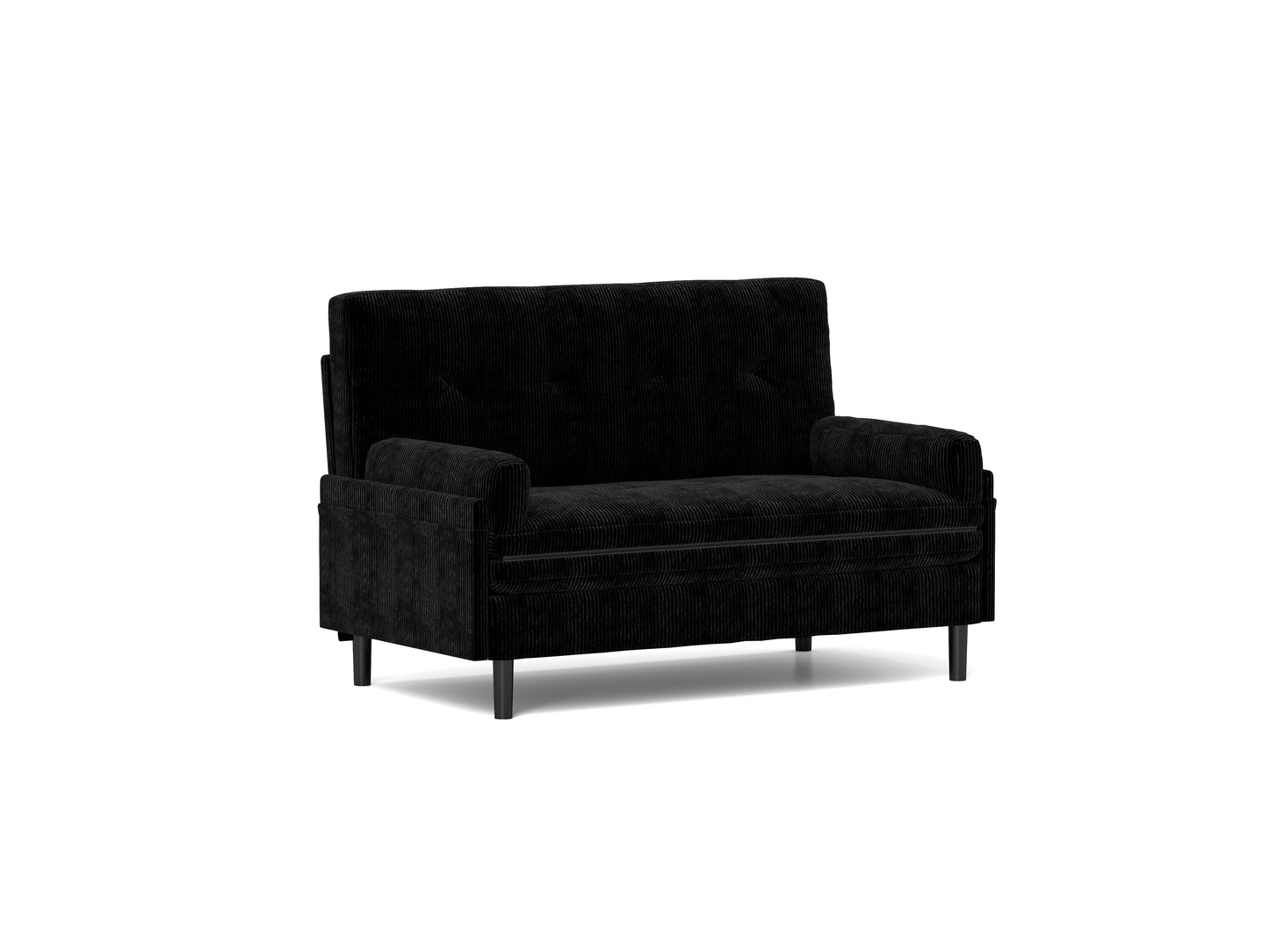 Black corduroy loveseat with button tufting and modern black legs