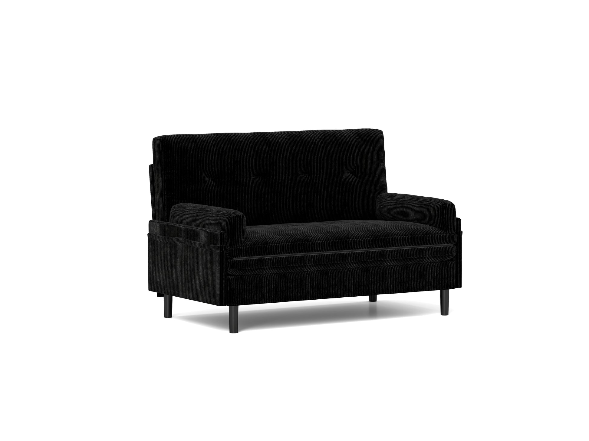 Black corduroy loveseat with button tufting and modern black legs