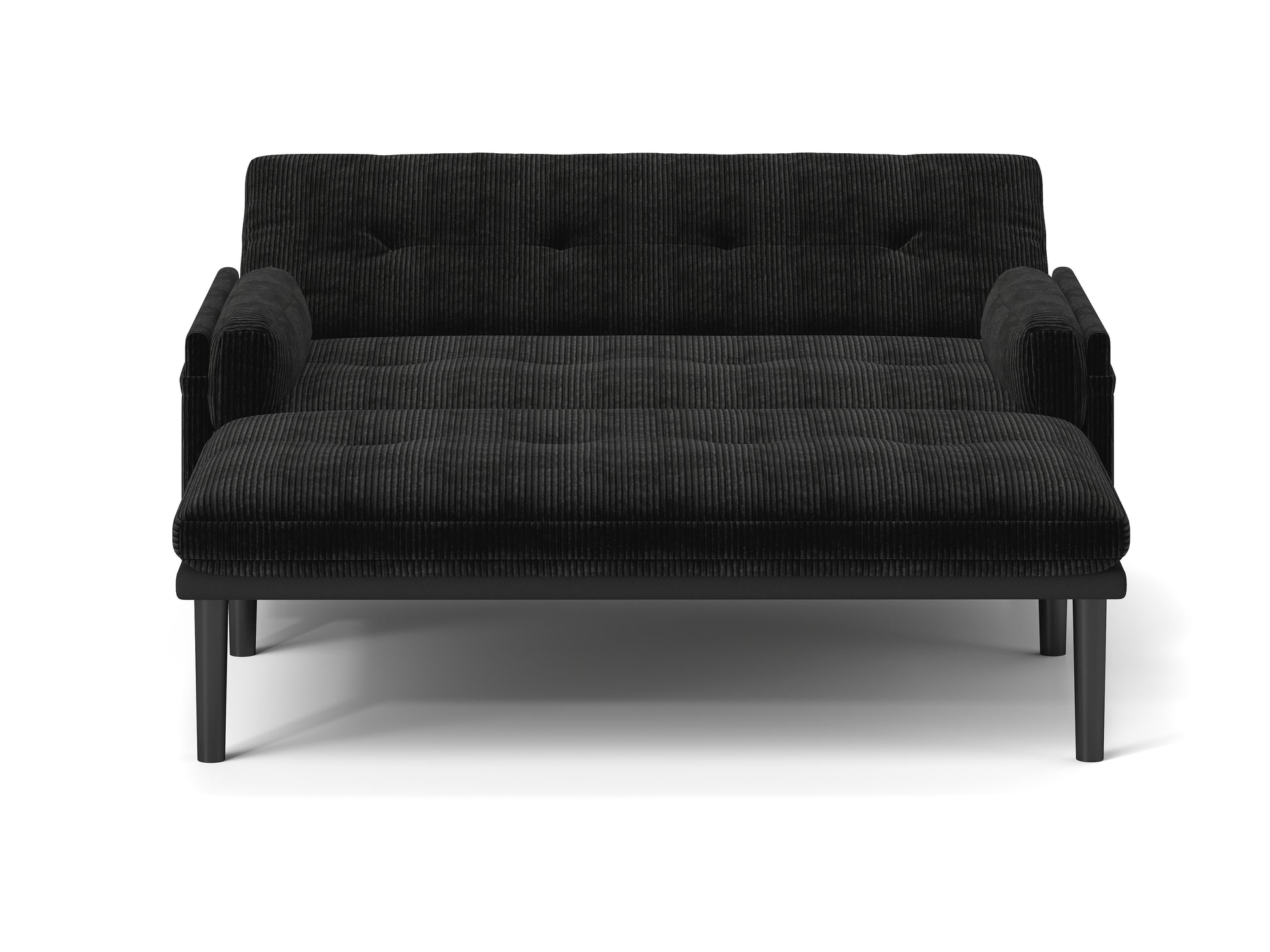 Black corduroy sofa with tufted cushions and a detached ottoman for flexible seating