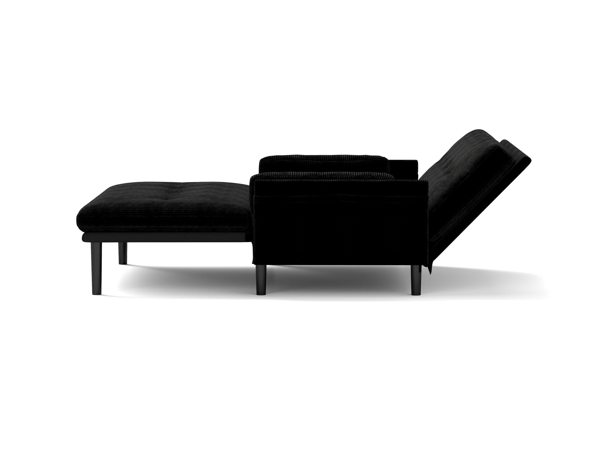 Black velvet sofa bed reclined with tufted seat and corduroy fabric texture