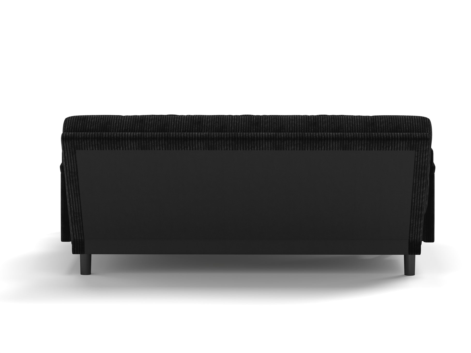 Back view of a black corduroy sofa with minimalist black legs